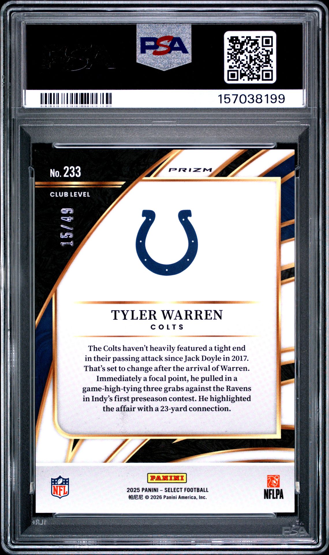 2025 Panini Select Tyler Warren #233 (Red Prizm) Mint 9 back