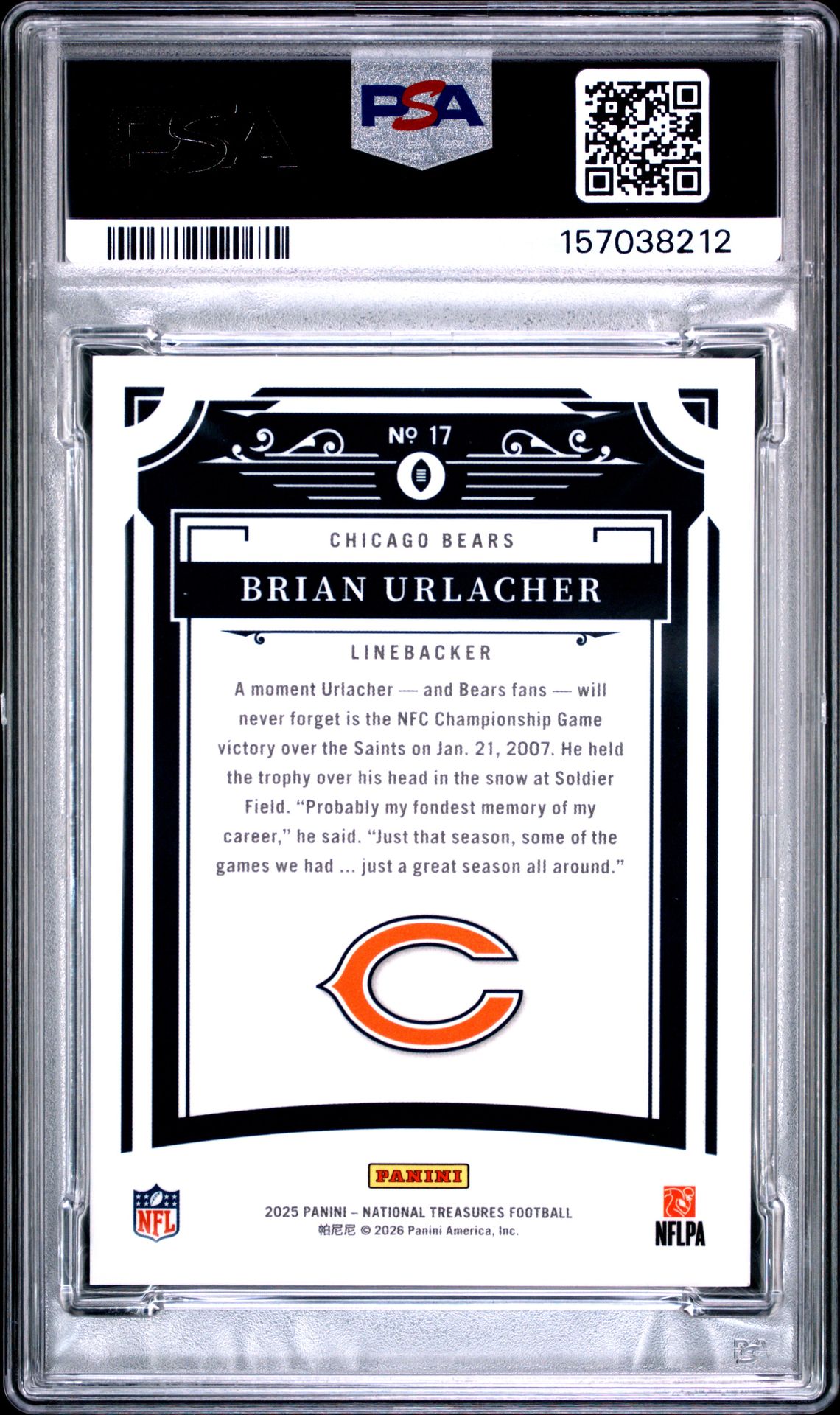 2025 Panini National Treasures Brian Urlacher #17 Gem Mt 10 back