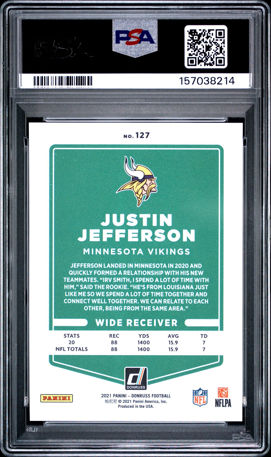 2021 Panini Donruss Justin Jefferson #127 (Press Proof Premium) Gem Mt 10 back view - PSA certificate #157038214