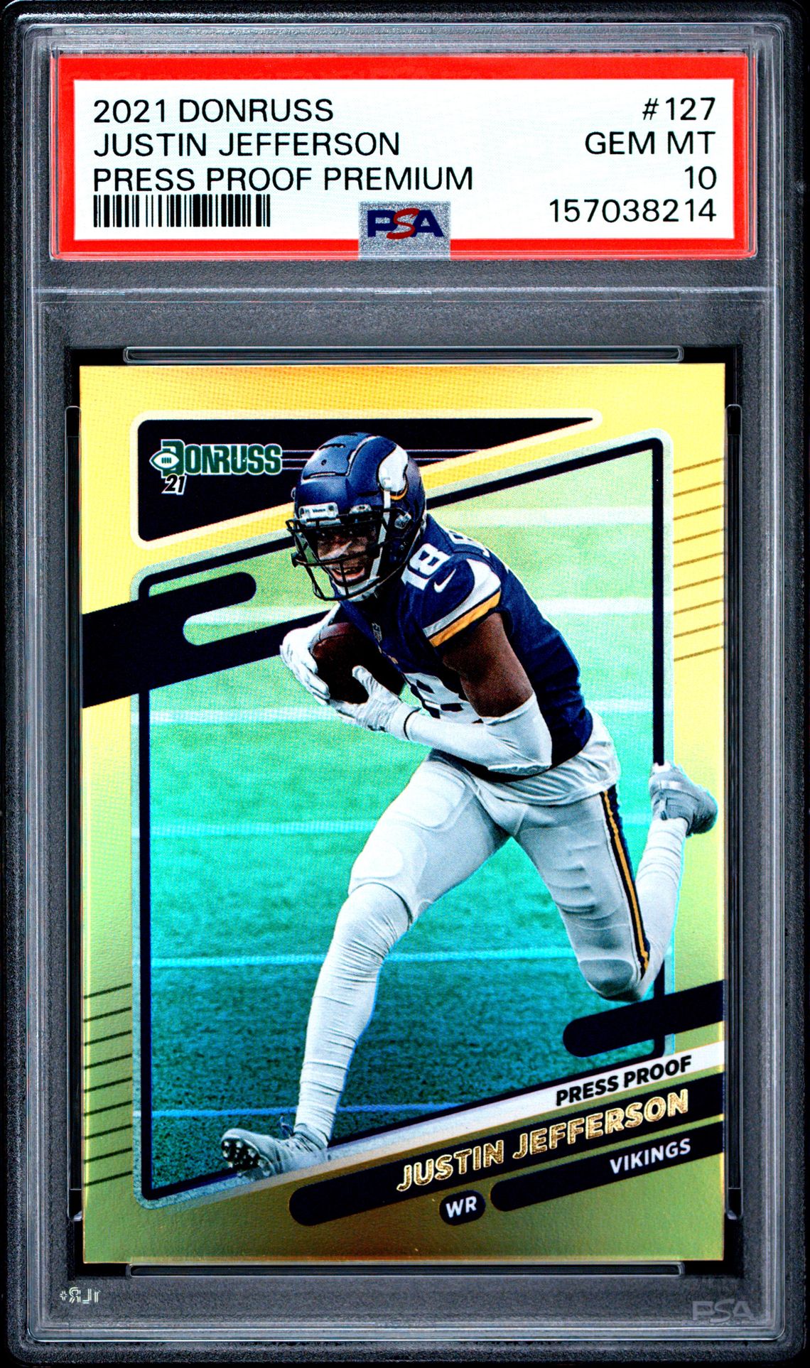 2021 Panini Donruss Justin Jefferson #127 (Press Proof Premium) Gem Mt 10 front view - PSA graded GEM MT 10