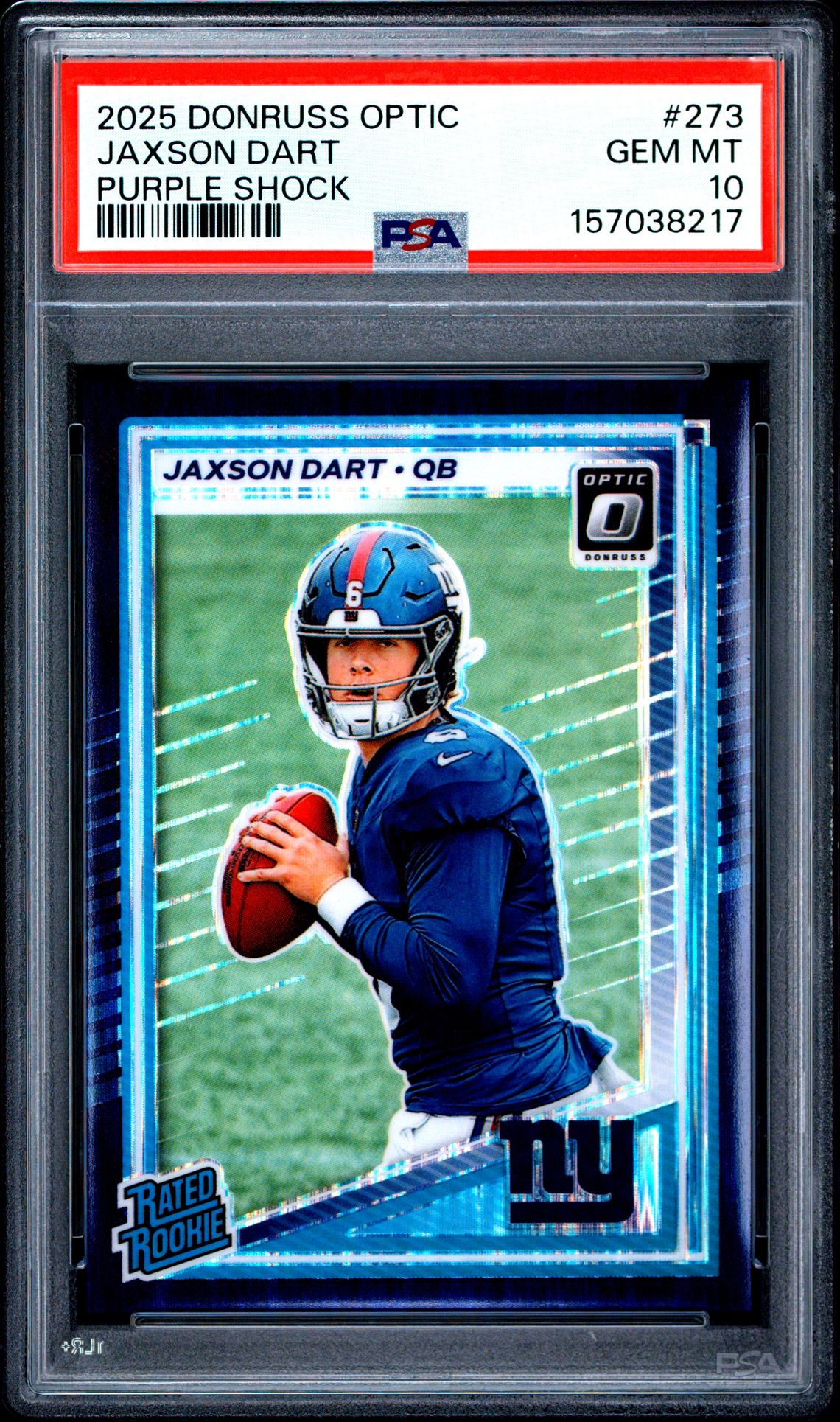 2025 Panini Donruss Optic Jaxson Dart #273 (Purple Shock) Gem Mt 10 front