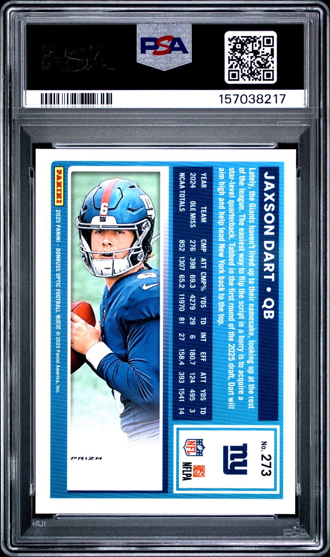 2025 Panini Donruss Optic Jaxson Dart #273 (Purple Shock) Gem Mt 10 back