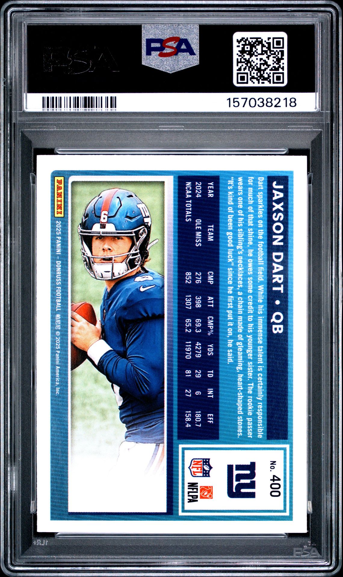 2025 Panini Donruss Jaxson Dart #400 Gem Mt 10 back view - PSA certificate #157038218
