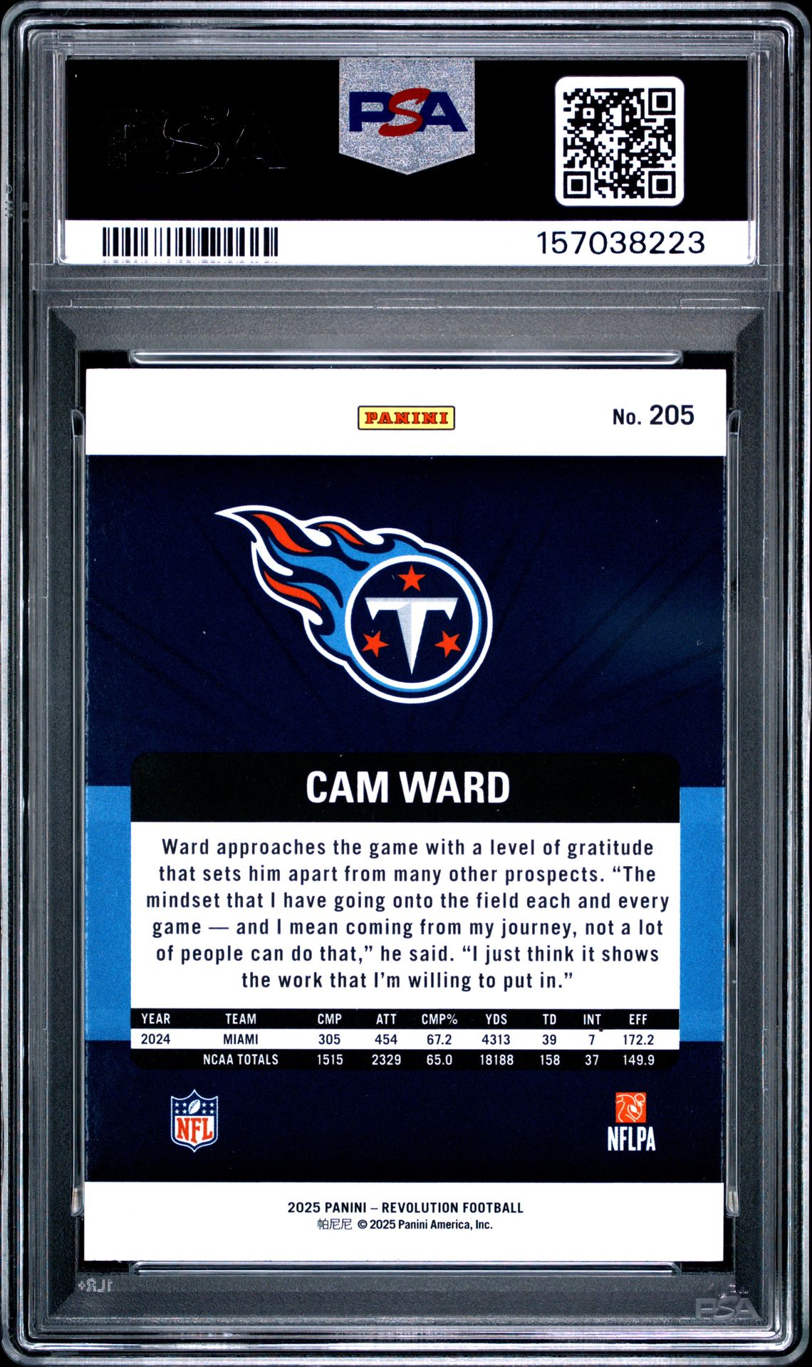 2025 Panini Revolution Cam Ward #205 Mint 9 back