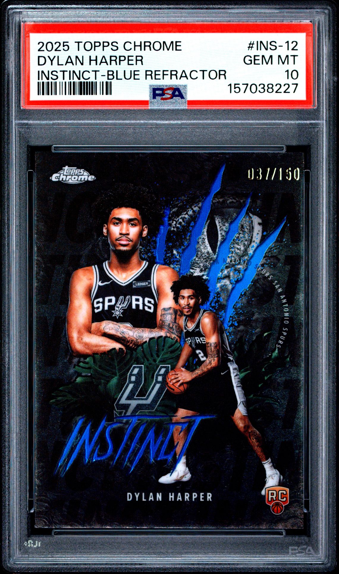 2025 Topps Chrome Instinct Dylan Harper #Ins-12 (Instinct-Blue Refractor) Gem Mt 10 front view - PSA graded GEM MT 10