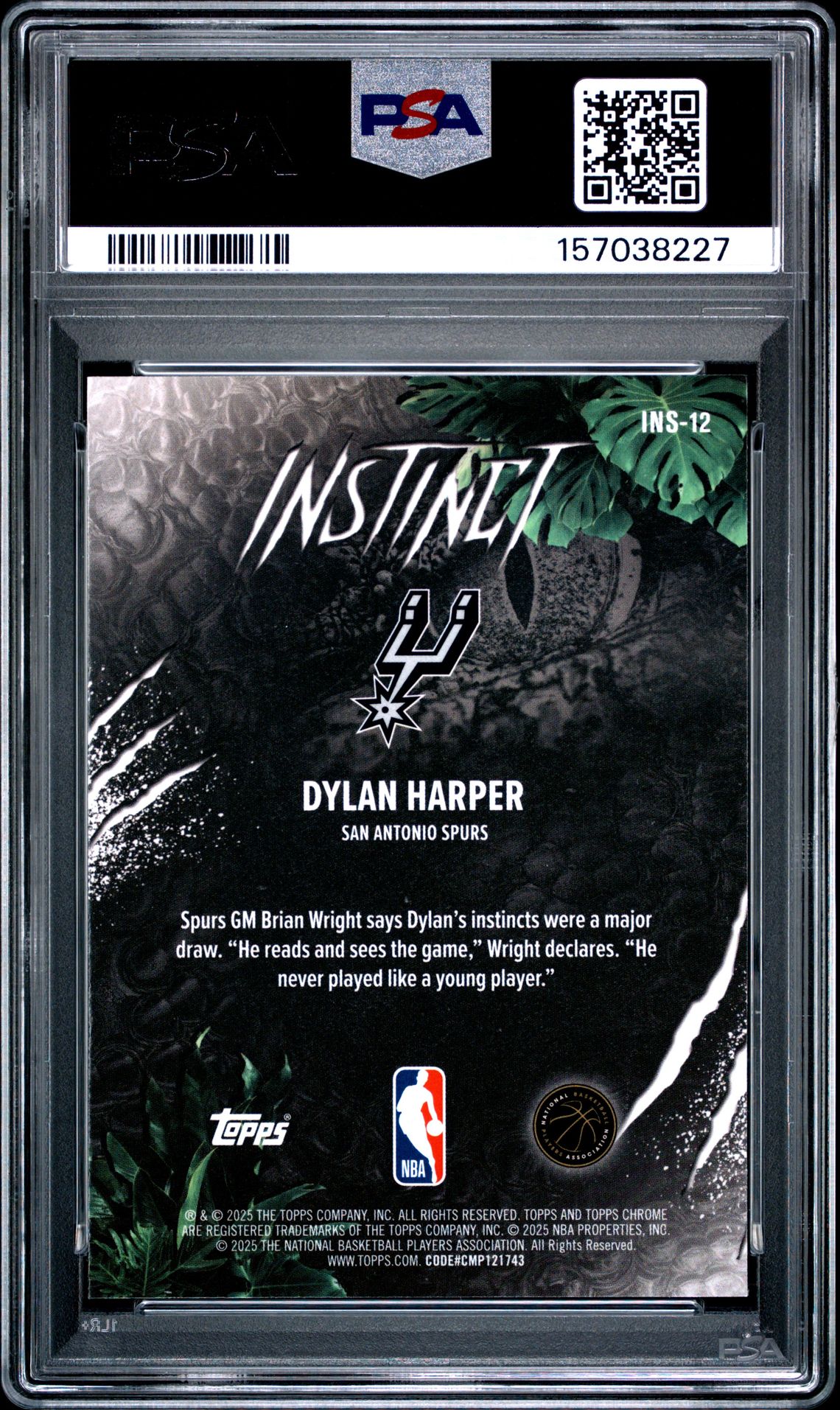 2025 Topps Chrome Instinct Dylan Harper #Ins-12 (Instinct-Blue Refractor) Gem Mt 10 back view - PSA certificate #157038227