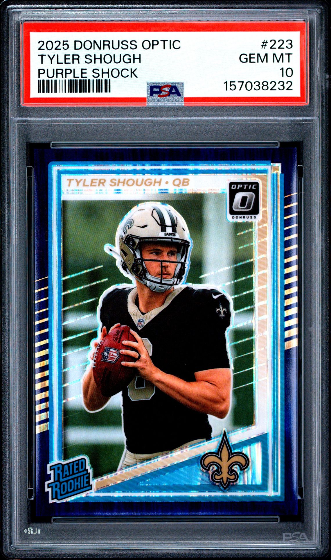 2025 Panini Donruss Optic Tyler Shough #223 (Purple Shock) Gem Mt 10 front view - PSA graded GEM MT 10