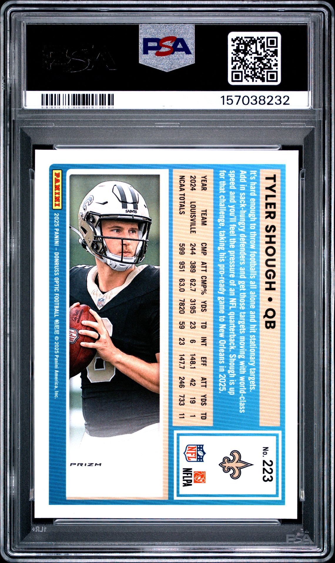 2025 Panini Donruss Optic Tyler Shough #223 (Purple Shock) Gem Mt 10 back view - PSA certificate #157038232