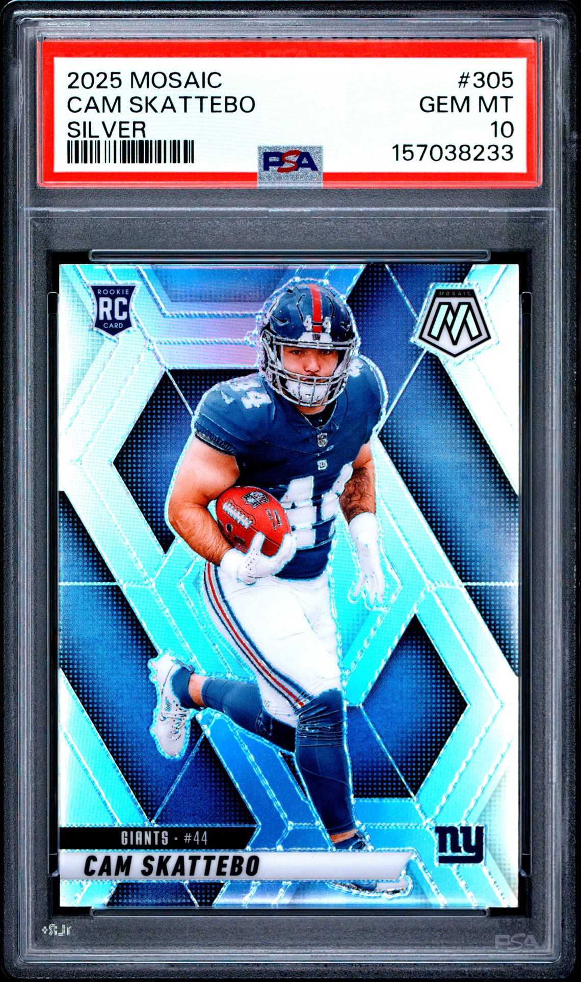2025 Panini Mosaic Cam Skattebo #305 (Silver) Gem Mt 10 front view - PSA graded GEM MT 10