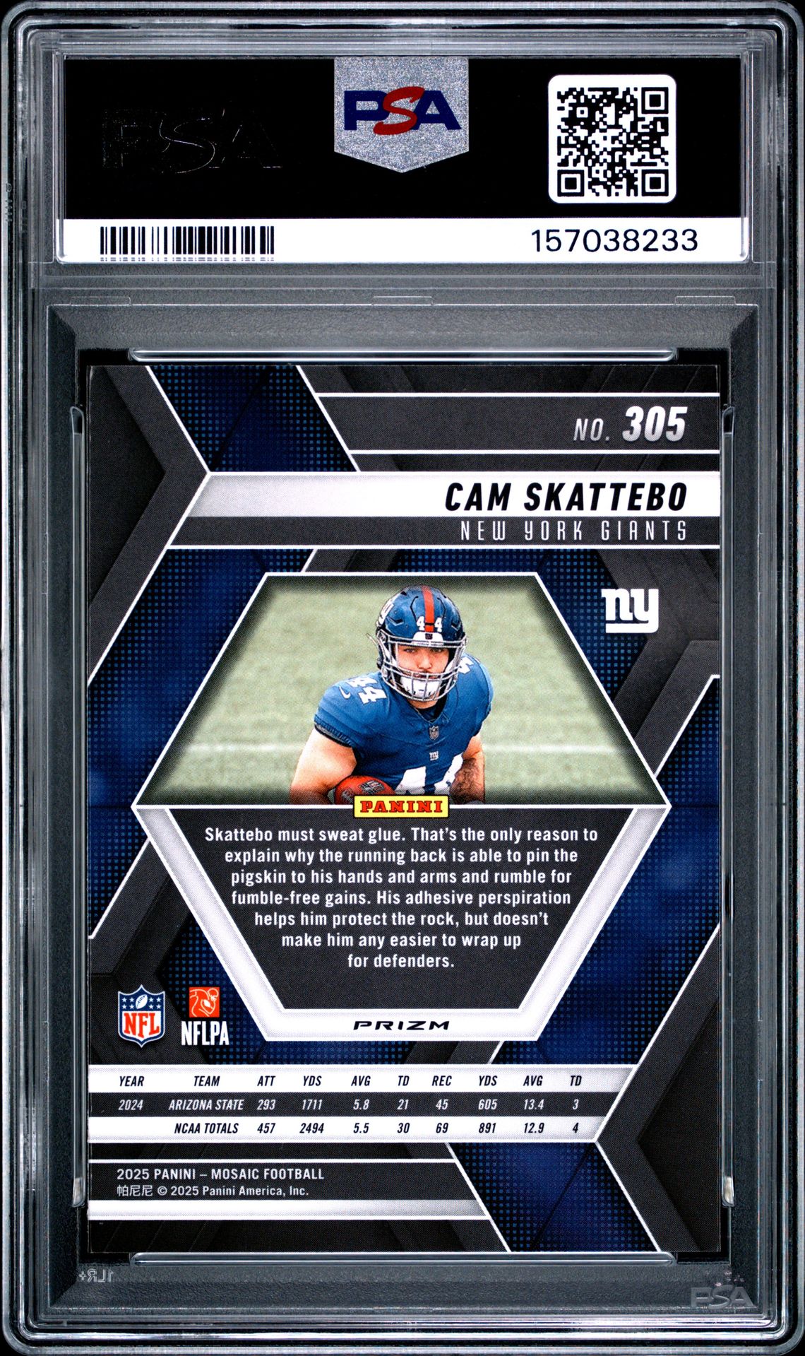 2025 Panini Mosaic Cam Skattebo #305 (Silver) Gem Mt 10 back view - PSA certificate #157038233
