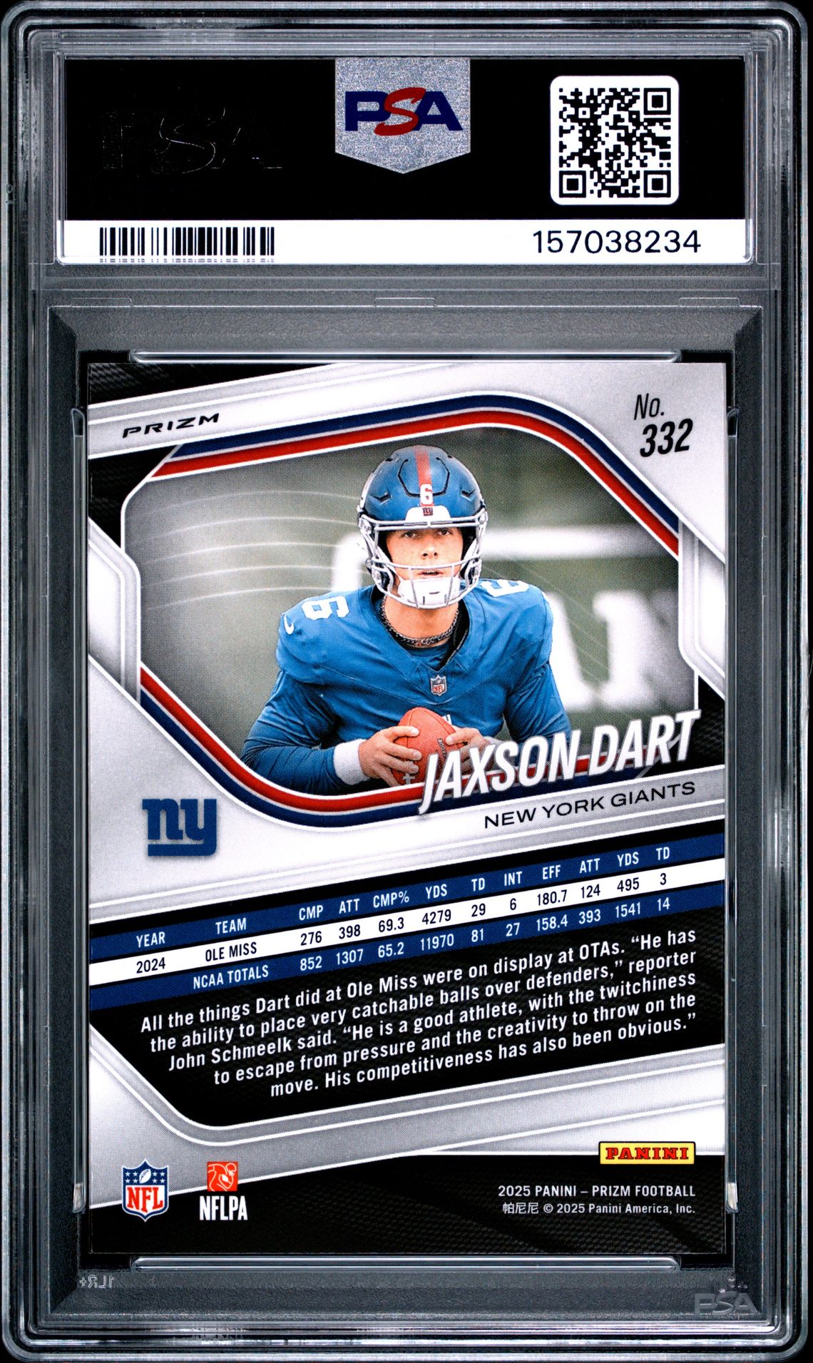 2025 Panini Prizm Jaxson Dart #332 (Lazer Prizm) Gem Mt 10 back