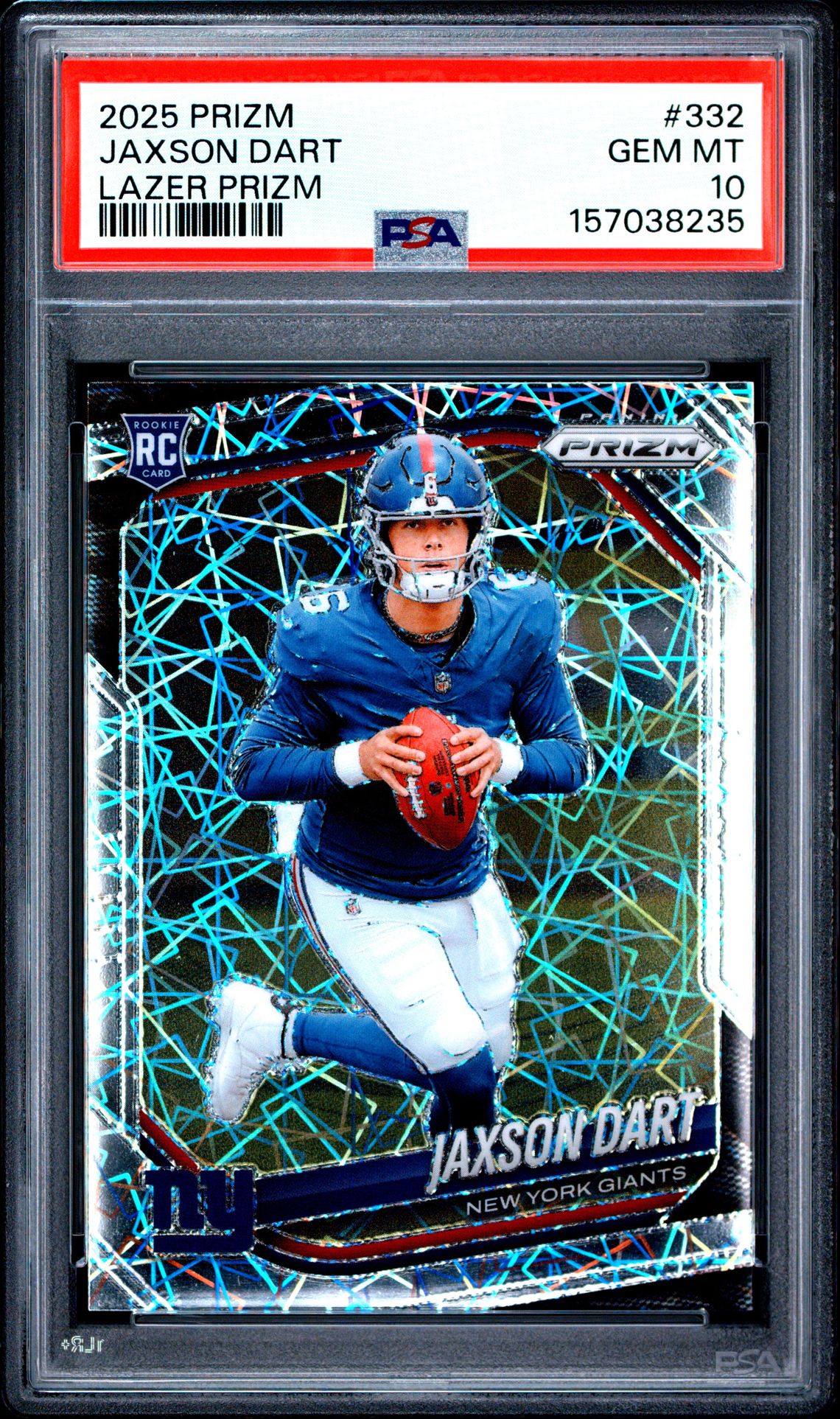 2025 Panini Prizm Jaxson Dart #332 (Lazer Prizm) Gem Mt 10 front view - PSA graded GEM MT 10