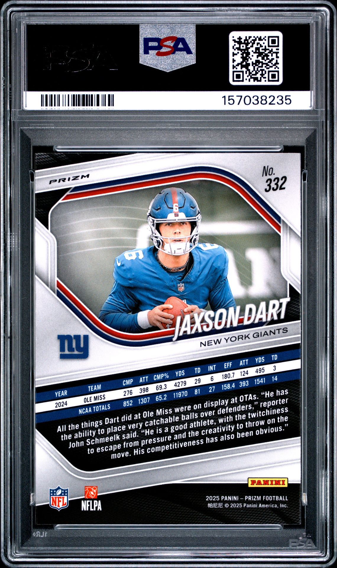 2025 Panini Prizm Jaxson Dart #332 (Lazer Prizm) Gem Mt 10 back view - PSA certificate #157038235
