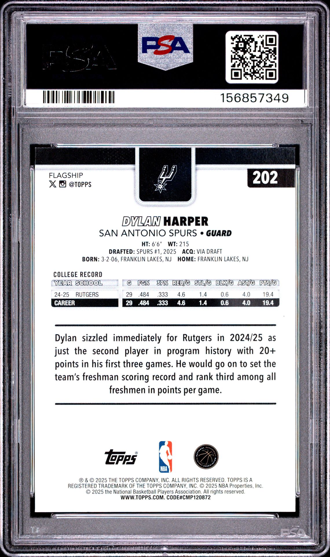 2025 Topps Dylan Harper #202 Mint 9 back