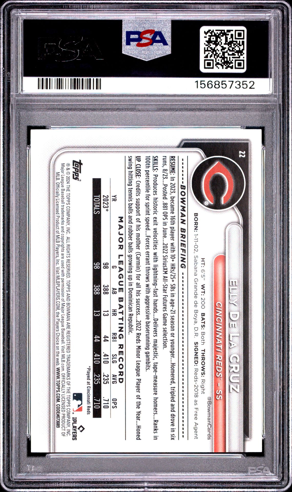2024 Bowman Elly De La Cruz #22 (Black Pattern) Mint 9 back