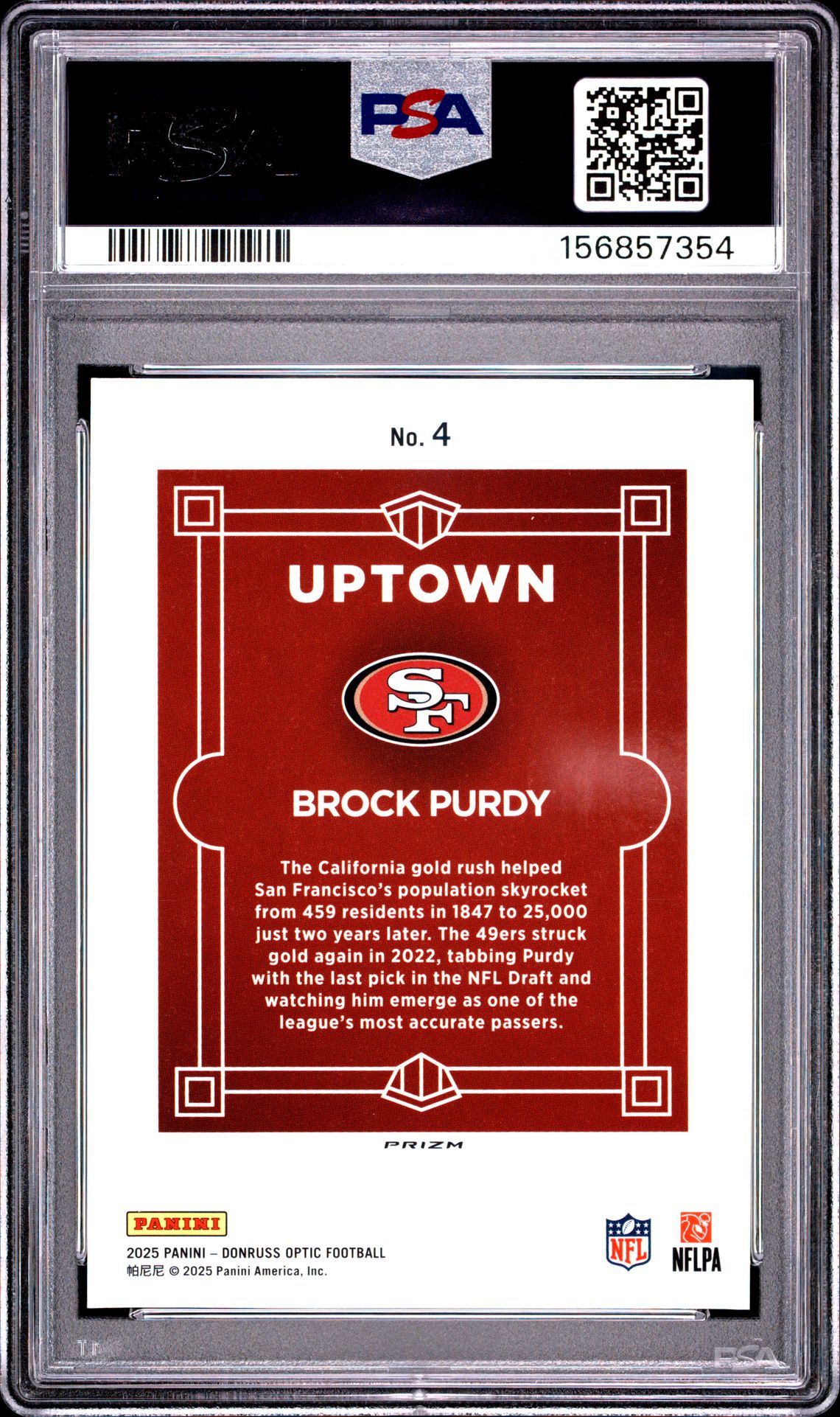 2025 Panini Donruss Optic Uptown Brock Purdy #4 Mint 9 back