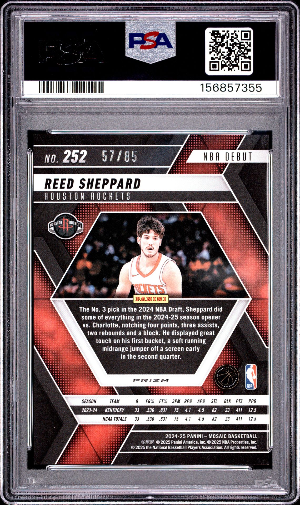 2024 Panini Mosaic Reed Sheppard #252 (Blue Fast Break) Mint 9 back