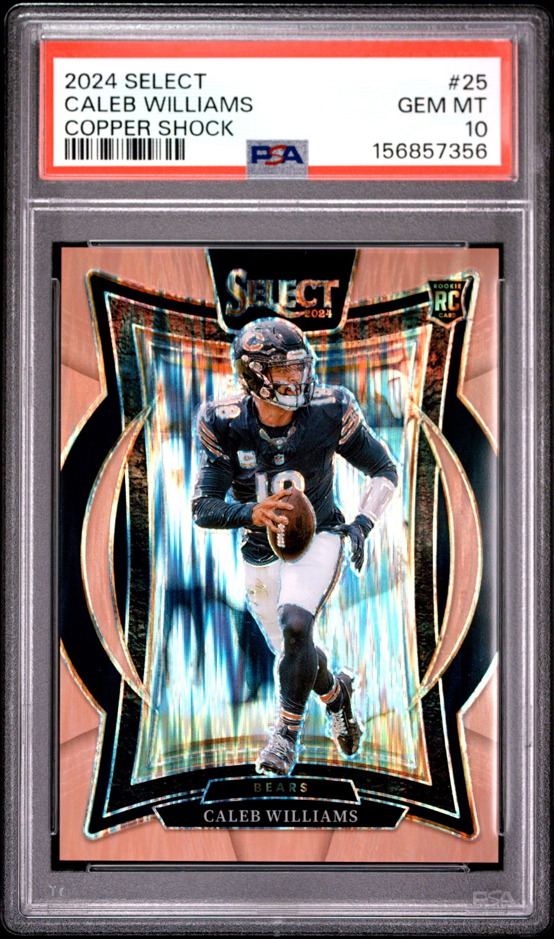 2024 Panini Select Caleb Williams #25 (Copper Shock) Gem Mt 10 front view - PSA graded GEM MT 10