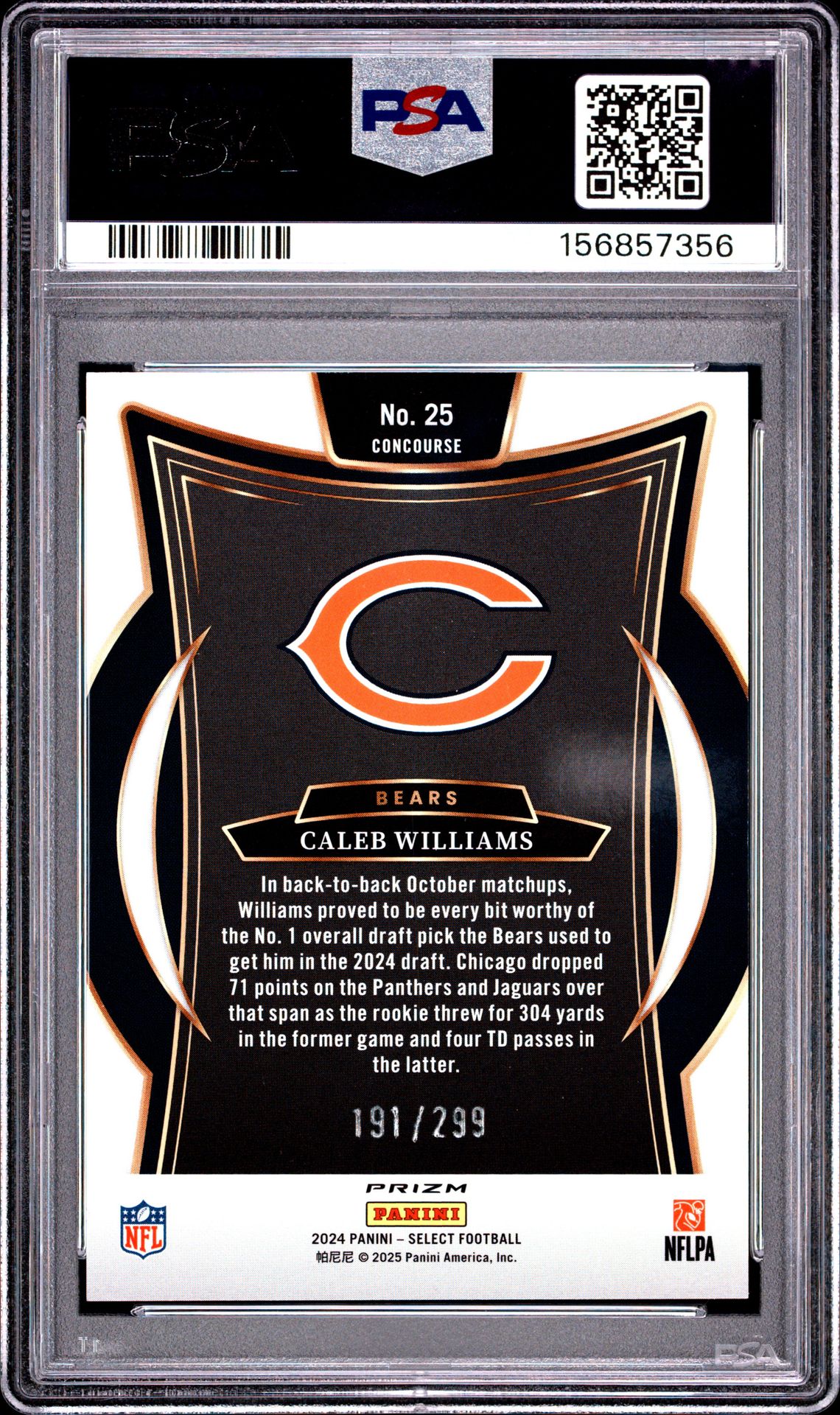 2024 Panini Select Caleb Williams #25 (Copper Shock) Gem Mt 10 back view - PSA certificate #156857356
