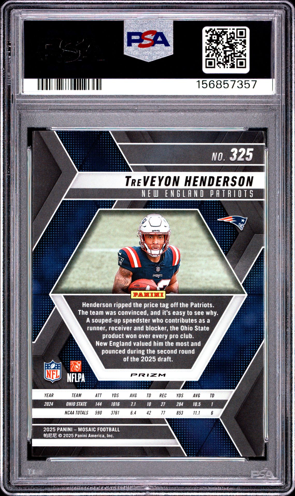 2025 Panini Mosaic Treveyon Henderson #325 (Red & White Stripe) Gem Mt 10 back view - PSA certificate #156857357
