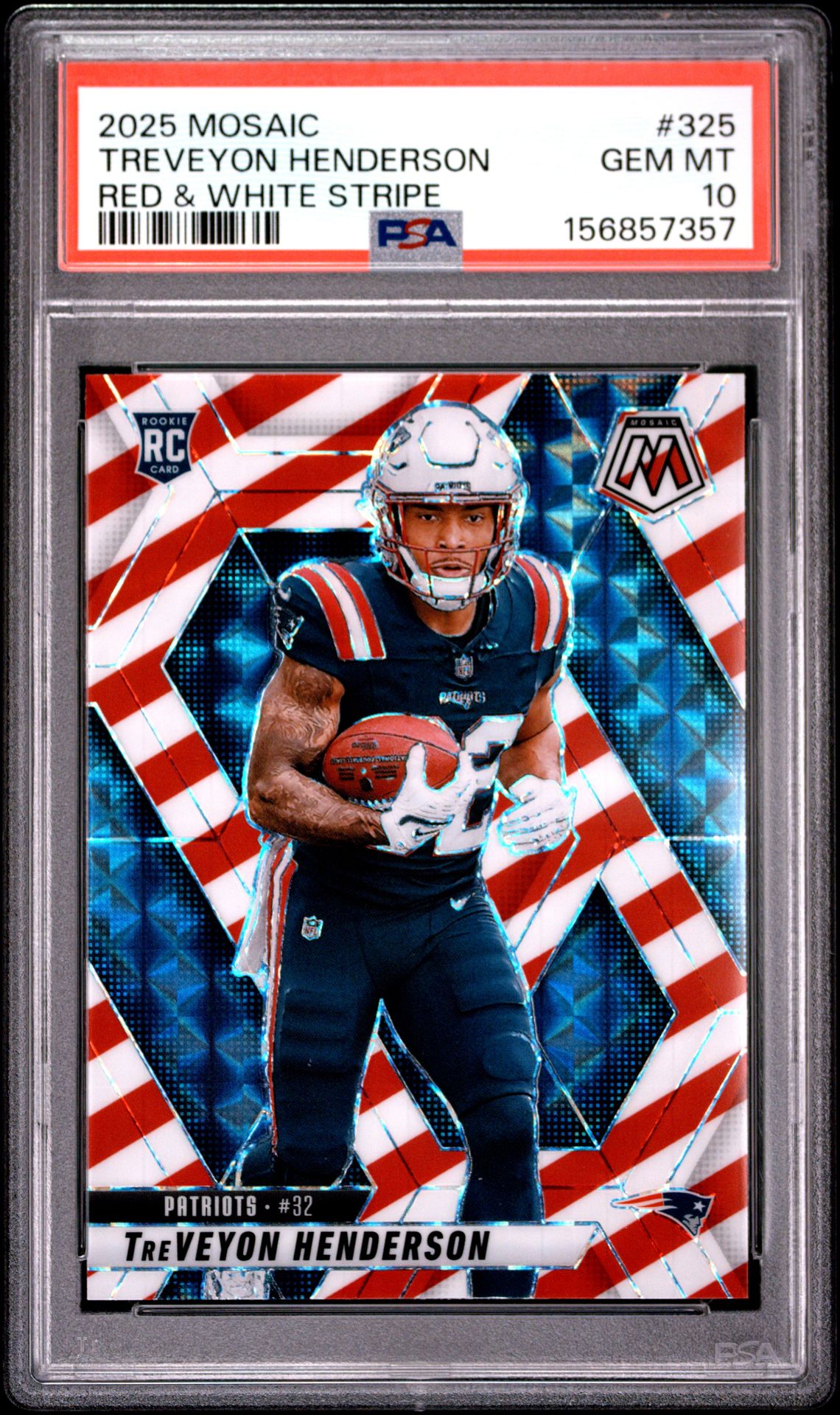 2025 Panini Mosaic Treveyon Henderson #325 (Red & White Stripe) Gem Mt 10 front view - PSA graded GEM MT 10