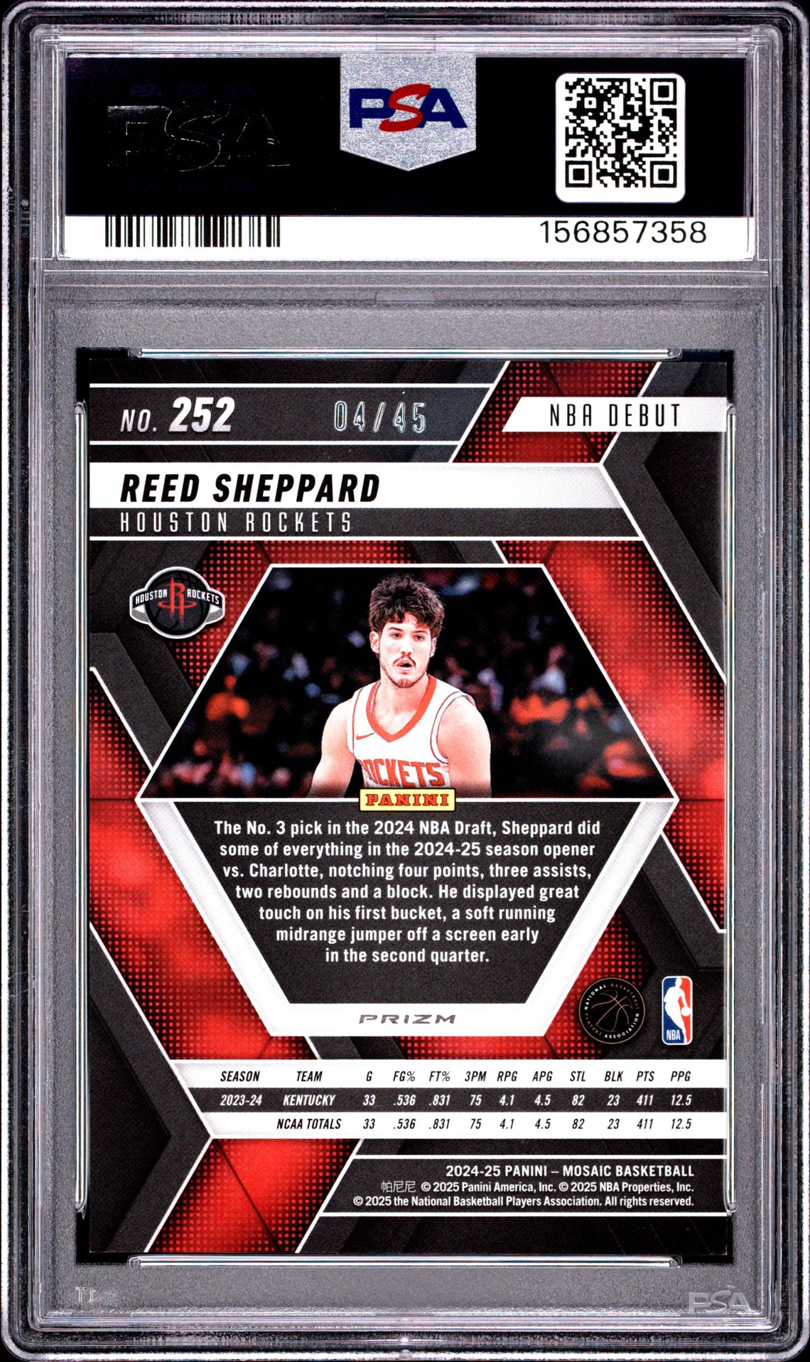 2024 Panini Mosaic Reed Sheppard #252 (Blue Choice) Mint 9 back