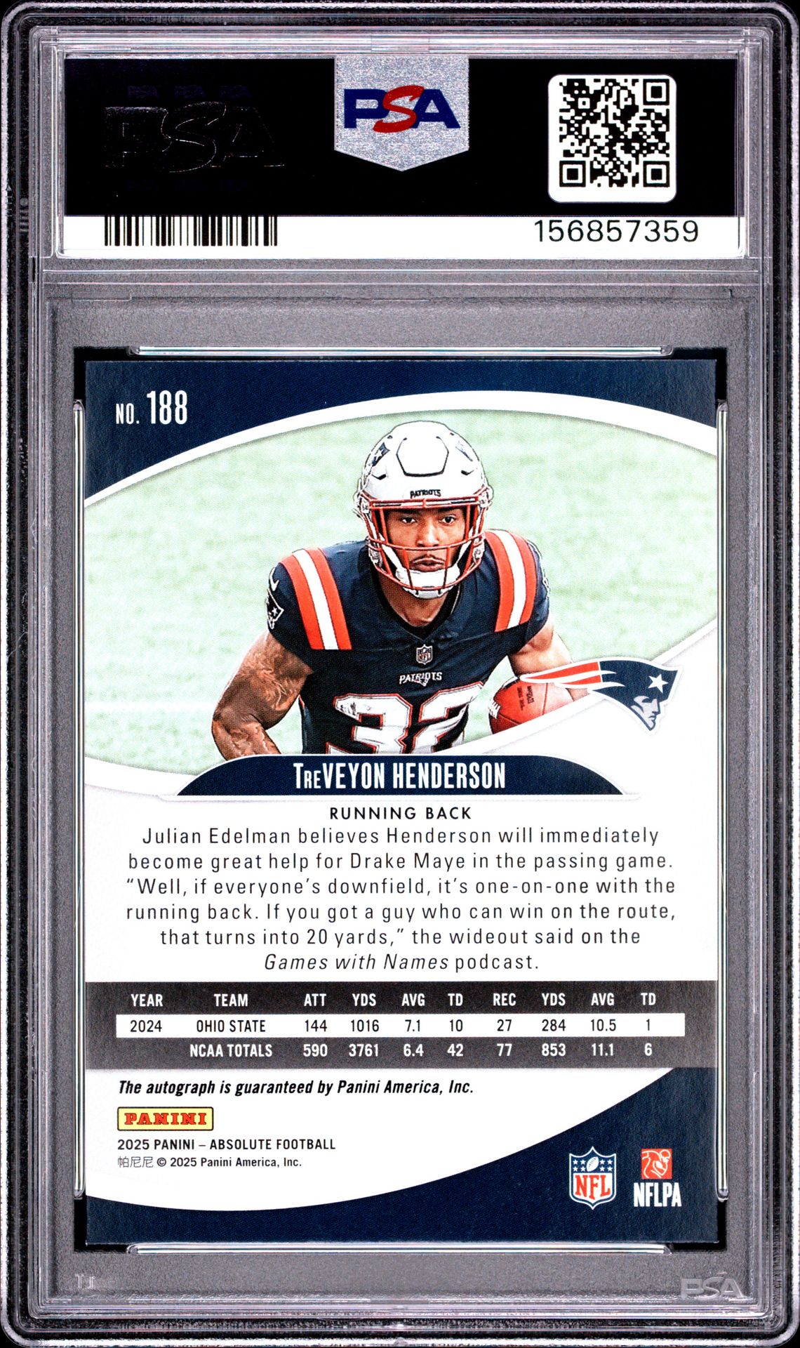 2025 Panini Absolute Treveyon Henderson #188 (Signature) Nm-Mt 8 back