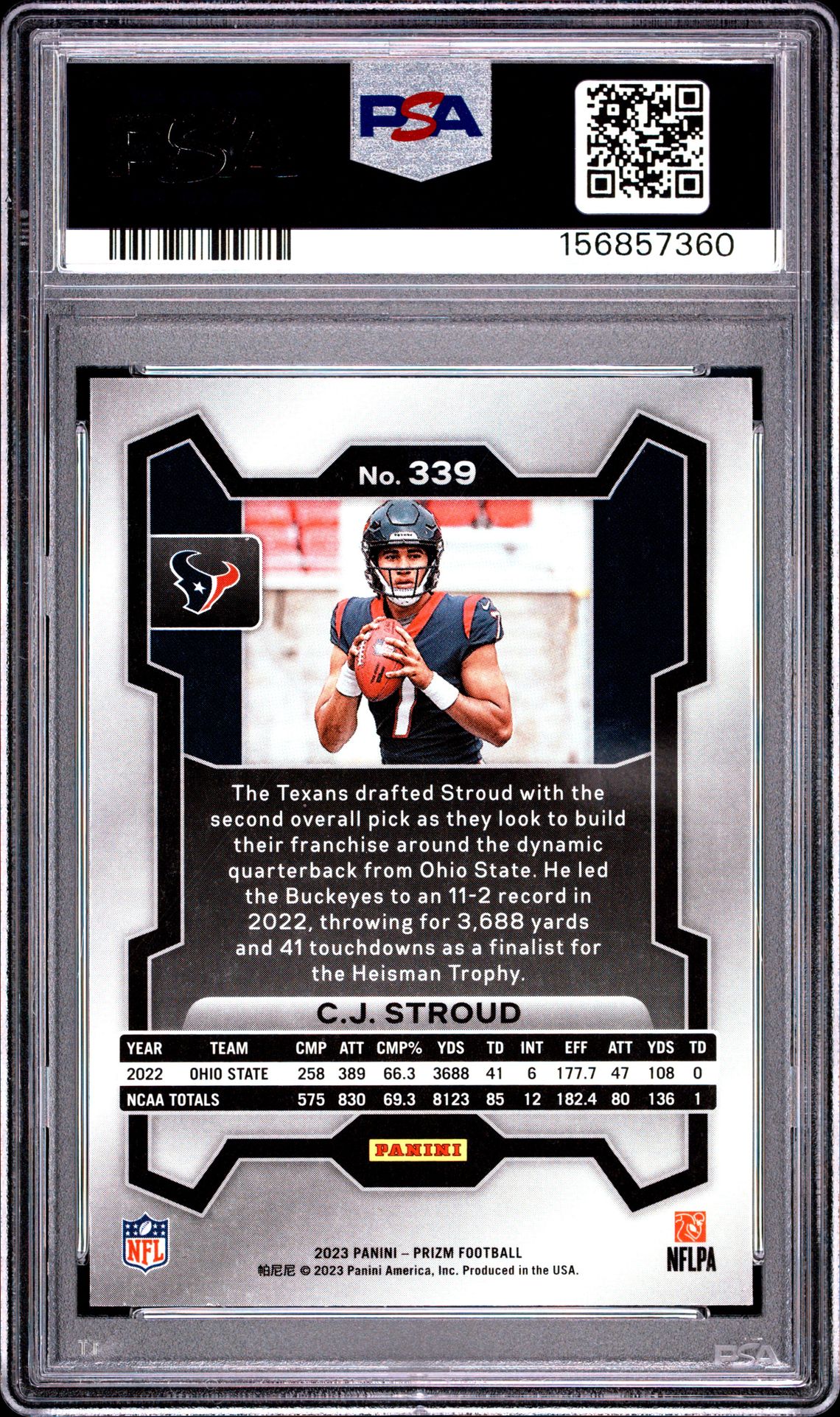 2023 Panini Prizm Cj Stroud #339 Gem Mt 10 back view - PSA certificate #156857360