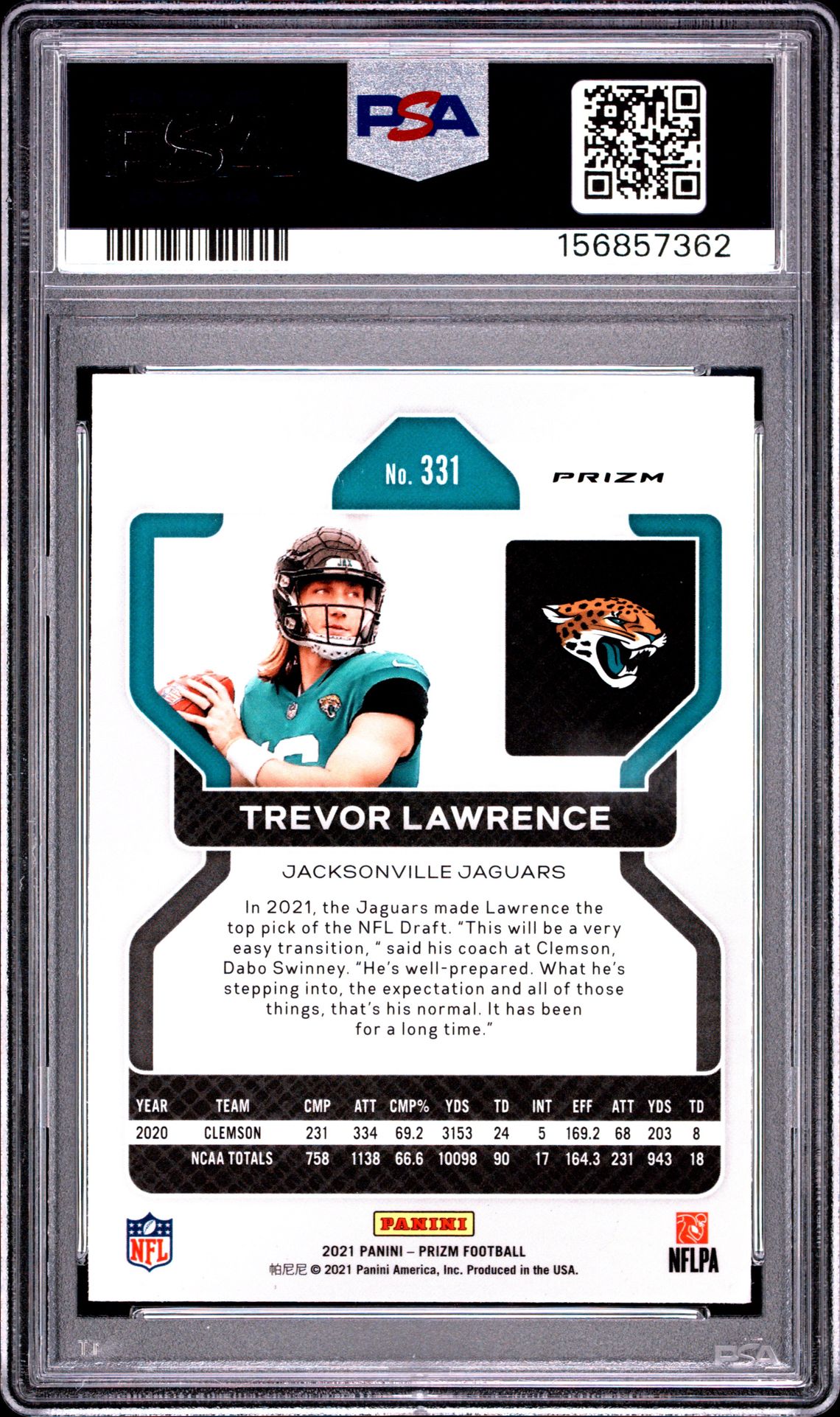 2021 Panini Prizm Trevor Lawrence #331 (Disco Prizm) Gem Mt 10 back