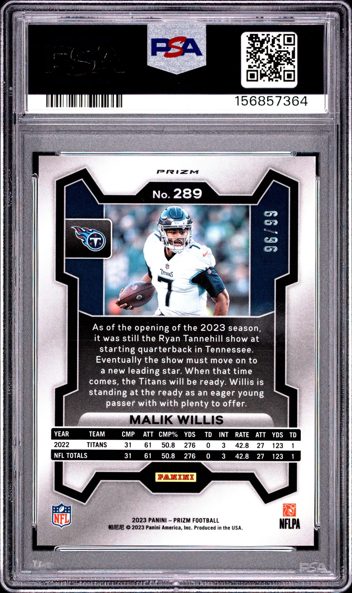 2023 Panini Prizm Malik Willis #289 (Blue Ice) Gem Mt 10 back