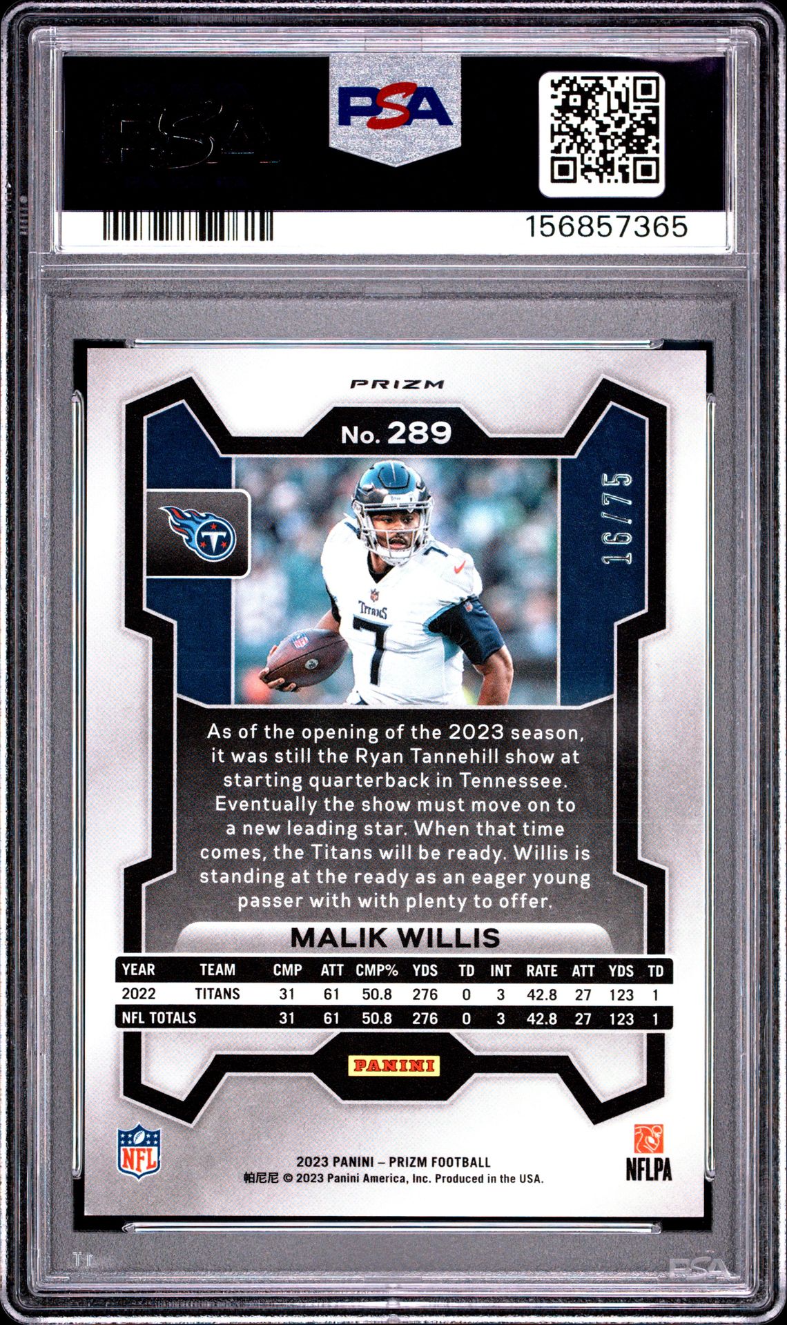 2023 Panini Prizm Malik Willis #289 (Green Scope) Gem Mt 10 back