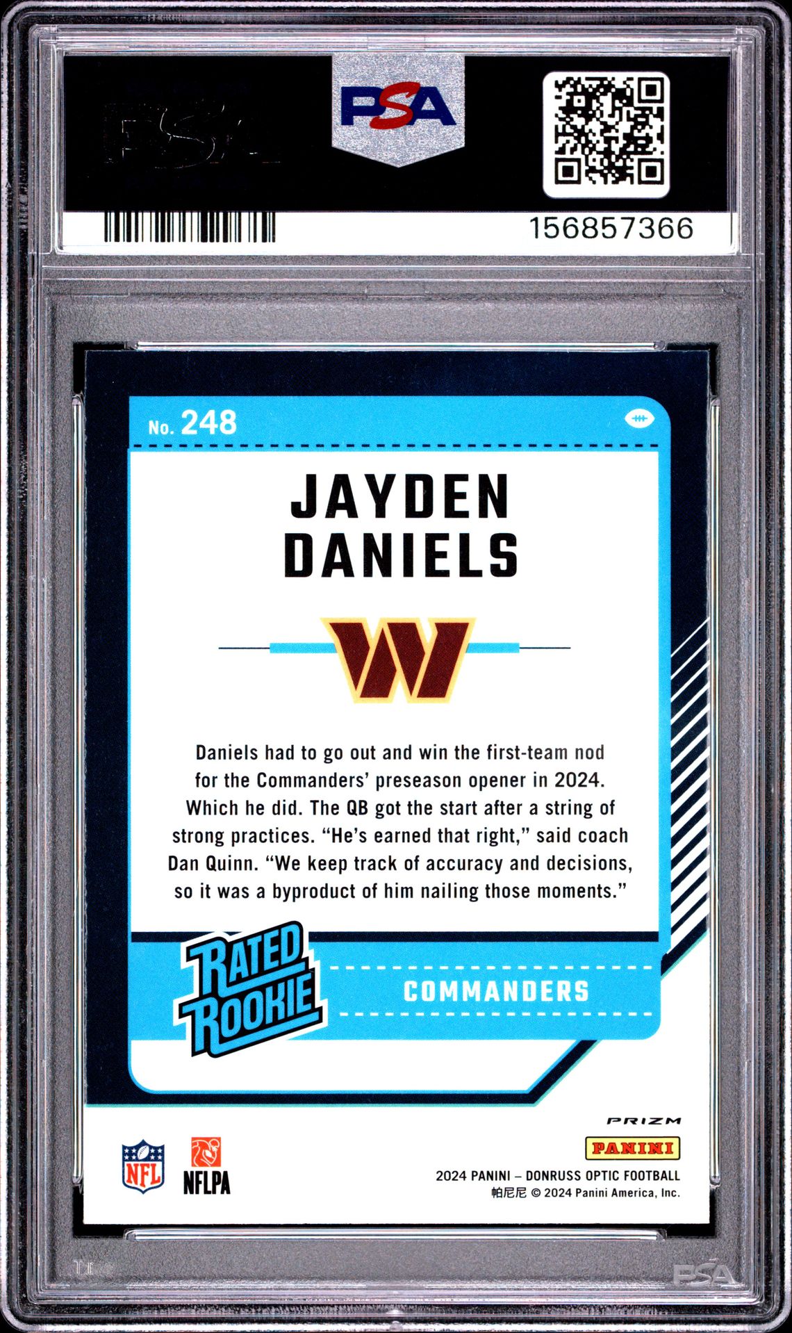 2024 PANINI DONRUSS OPTIC JAYDEN DANIELS BLUE HYPER 248 GEM MT 10 back