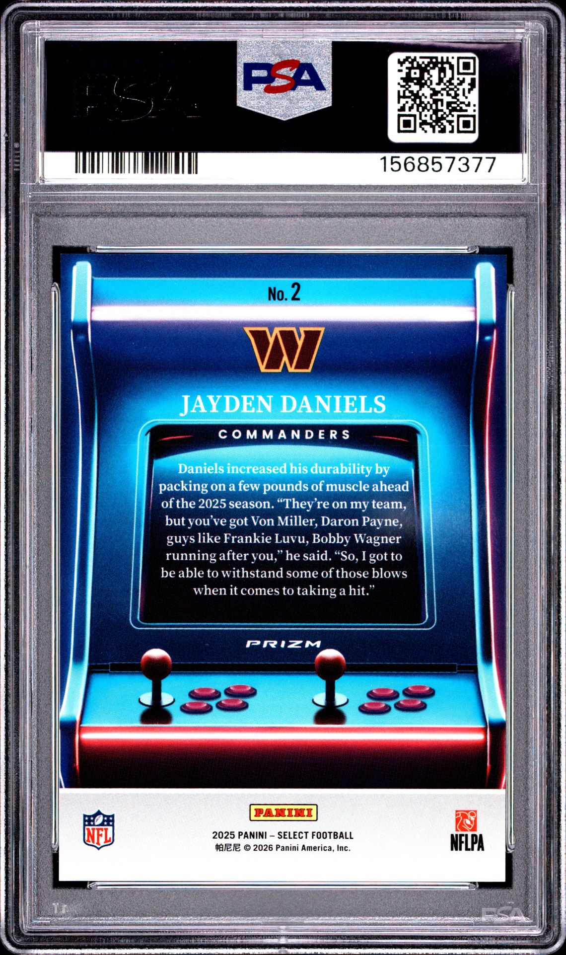 2025 Panini Select Starcade Jayden Daniels #2 Gem Mt 10 back view - PSA certificate #156857377
