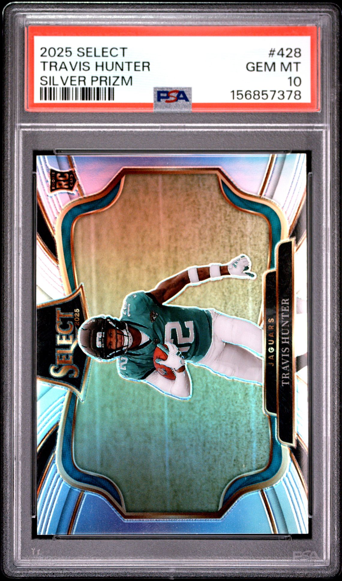 2025 Panini Select Travis Hunter #428 (Silver Prizm) Gem Mt 10 front view - PSA graded GEM MT 10