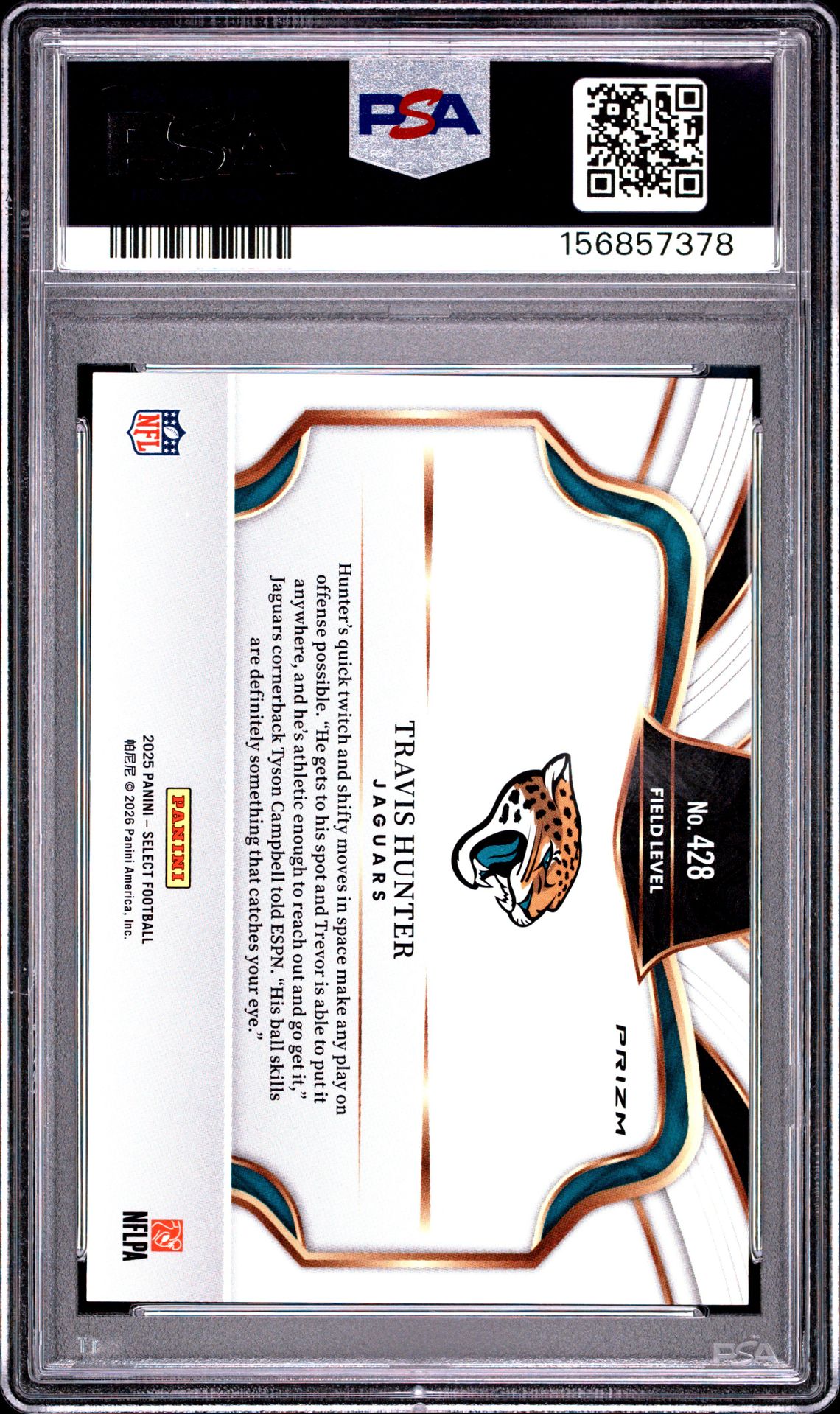 2025 Panini Select Travis Hunter #428 (Silver Prizm) Gem Mt 10 back view - PSA certificate #156857378