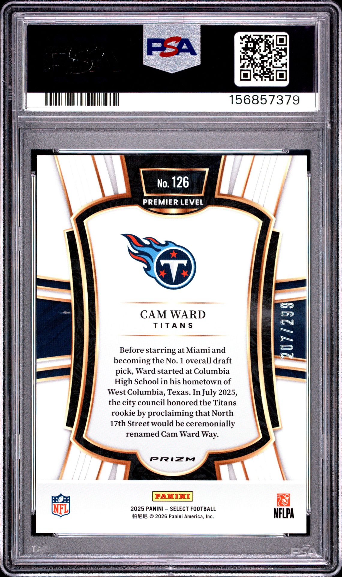 2025 Panini Select Cam Ward #126 (Tri-Color Prizm) Gem Mt 10 back view - PSA certificate #156857379