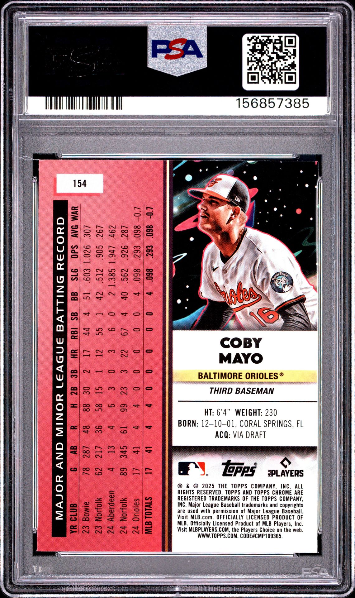 2025 Topps Cosmic Chrome Coby Mayo #154 (Green Space Dust) Gem Mt 10 back view - PSA certificate #156857385