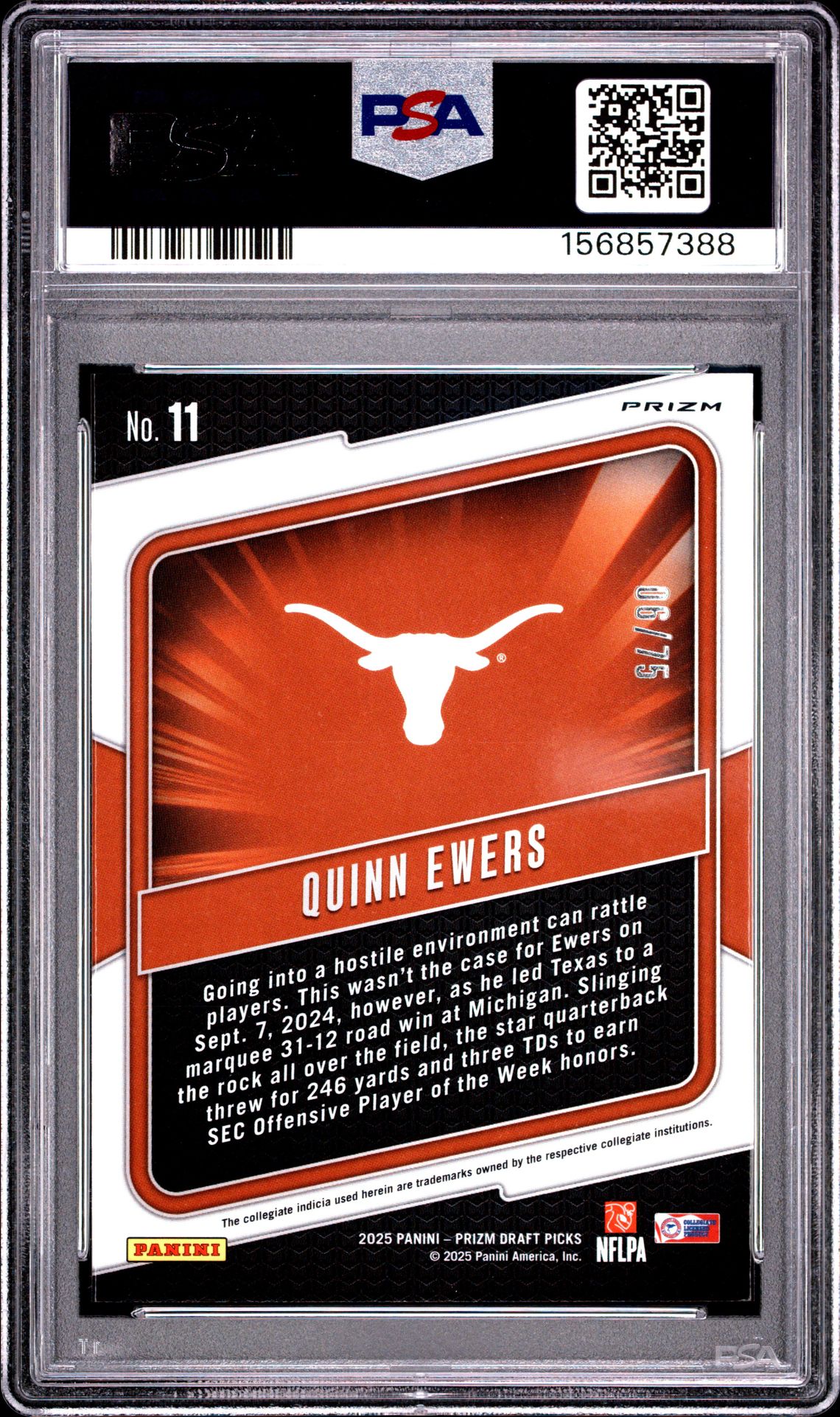 2025 PANINI PRIZM DRAFT PICKS HYPE QUINN EWERS HYPE-ORANGE PULSAR 11 GEM MT 10 back
