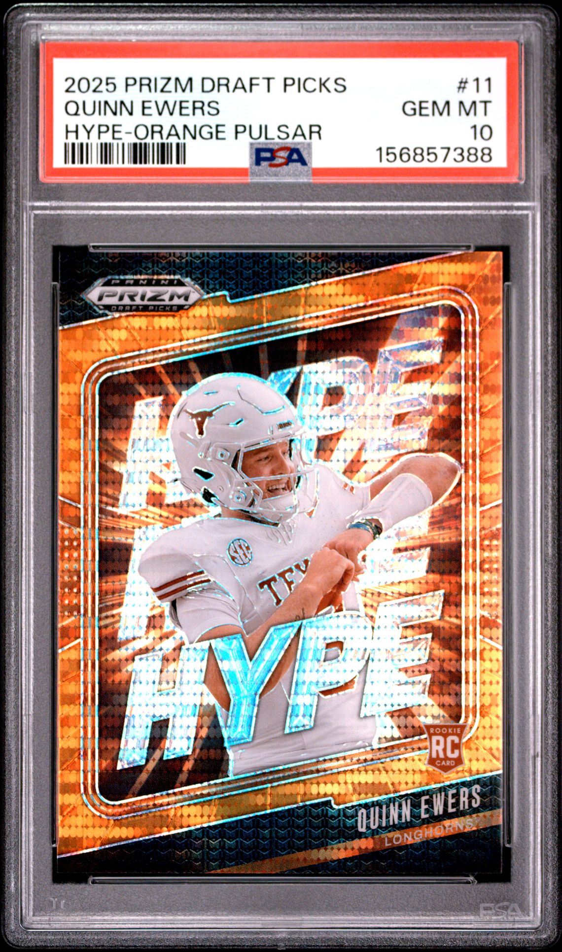 2025 PANINI PRIZM DRAFT PICKS HYPE QUINN EWERS HYPE-ORANGE PULSAR 11 GEM MT 10 front