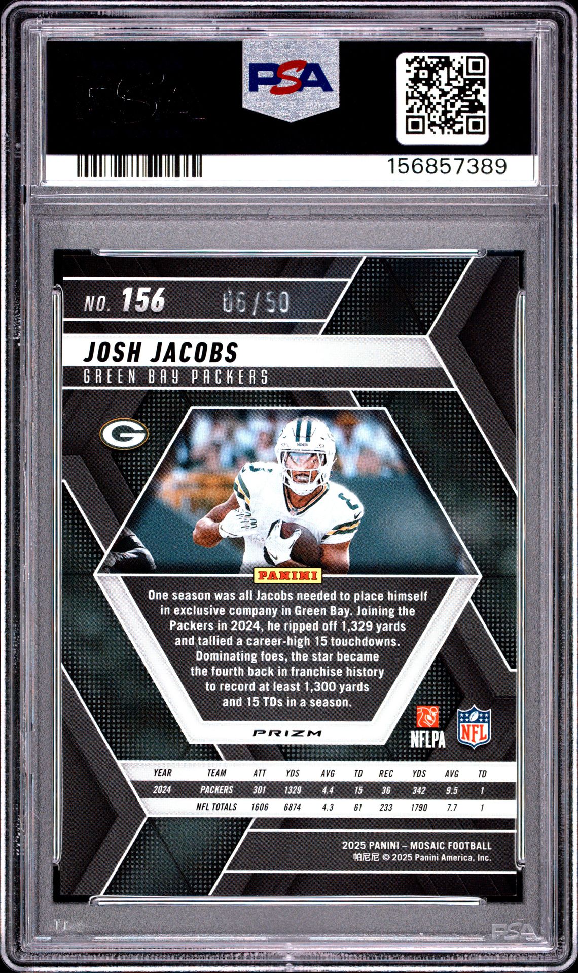 2025 Panini Mosaic Josh Jacobs #156 (Purple No Huddle) Gem Mt 10 back