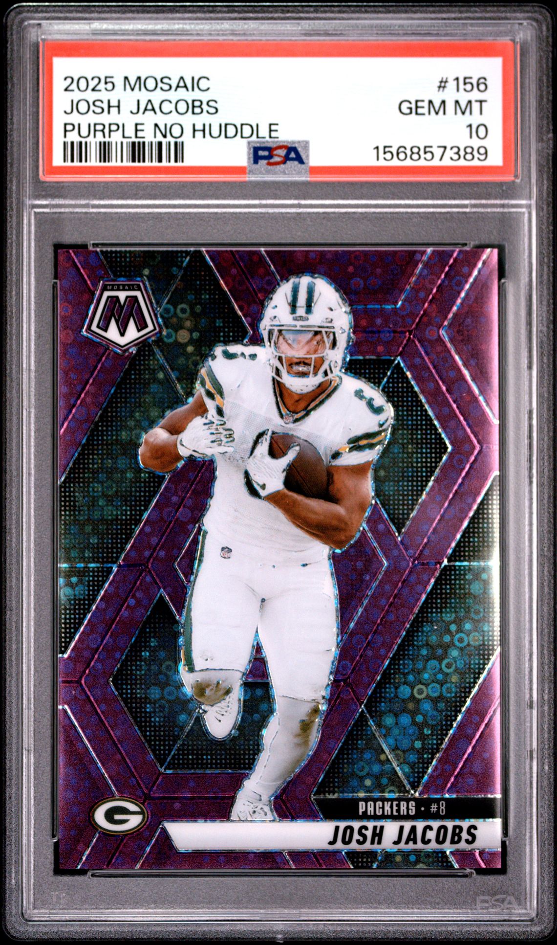 2025 Panini Mosaic Josh Jacobs #156 (Purple No Huddle) Gem Mt 10 front