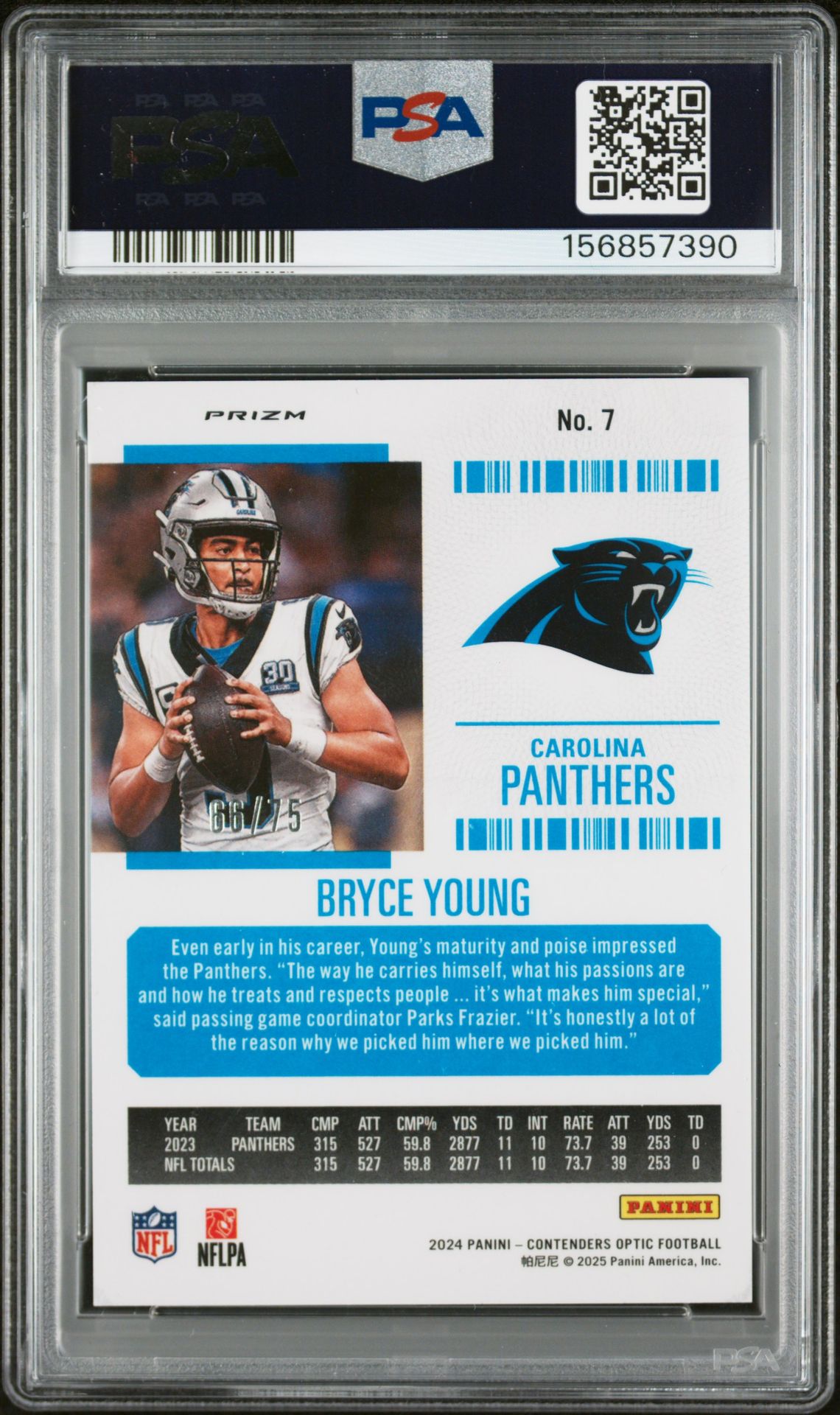 2024 Panini Contenders Optic Bryce Young #7 (Orange) Gem Mt 10 back