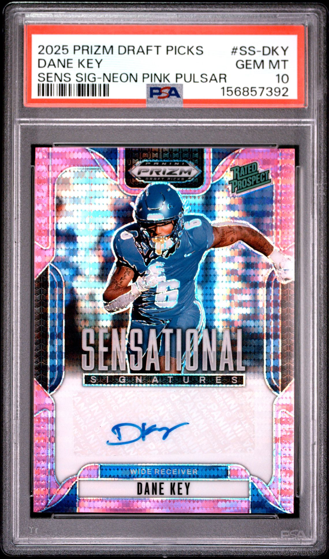 2025 Panini Prizm Draft Picks Sensational Signatures Dane Key #Ss-Dky (Sens Sig-Neon Pink Pulsar) Gem Mt 10 front