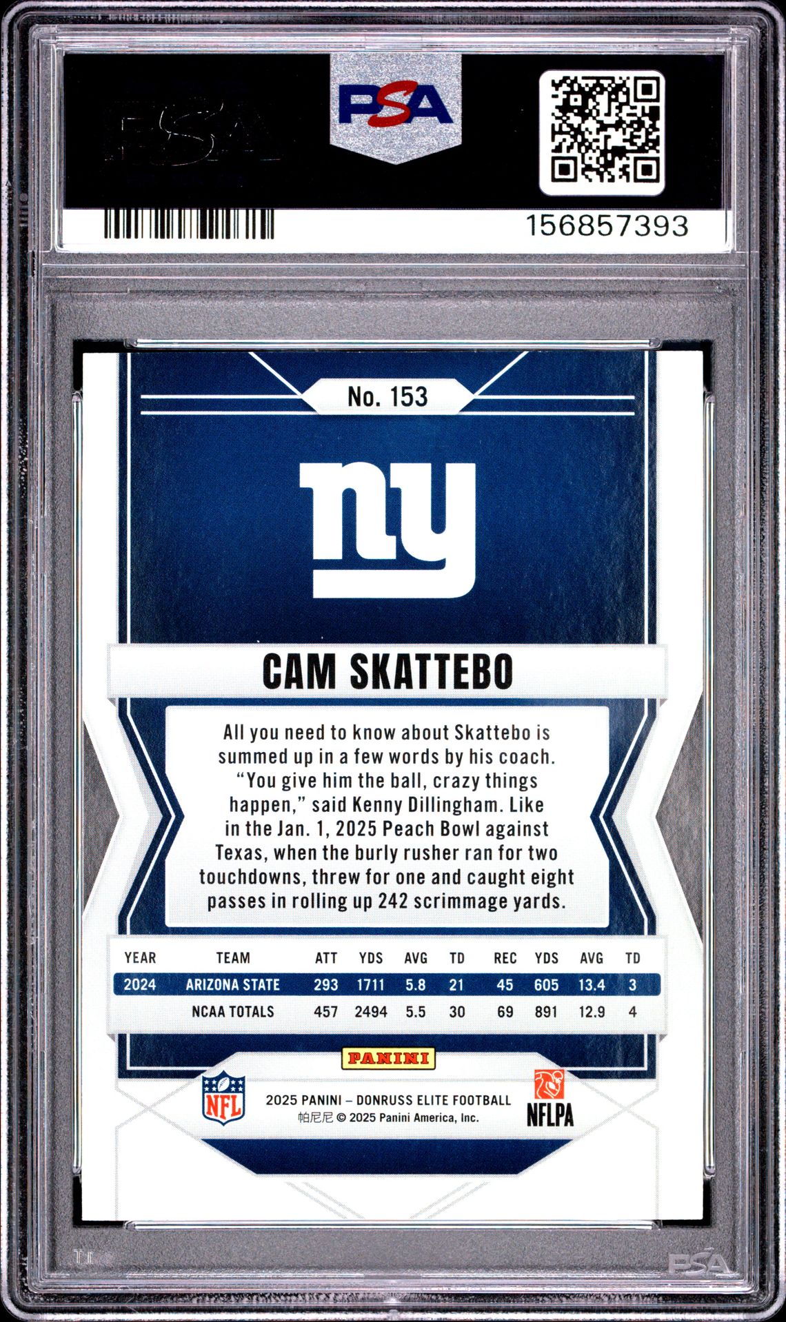 2025 Panini Donruss Elite Cam Skattebo #153 (Orange) Gem Mt 10 back