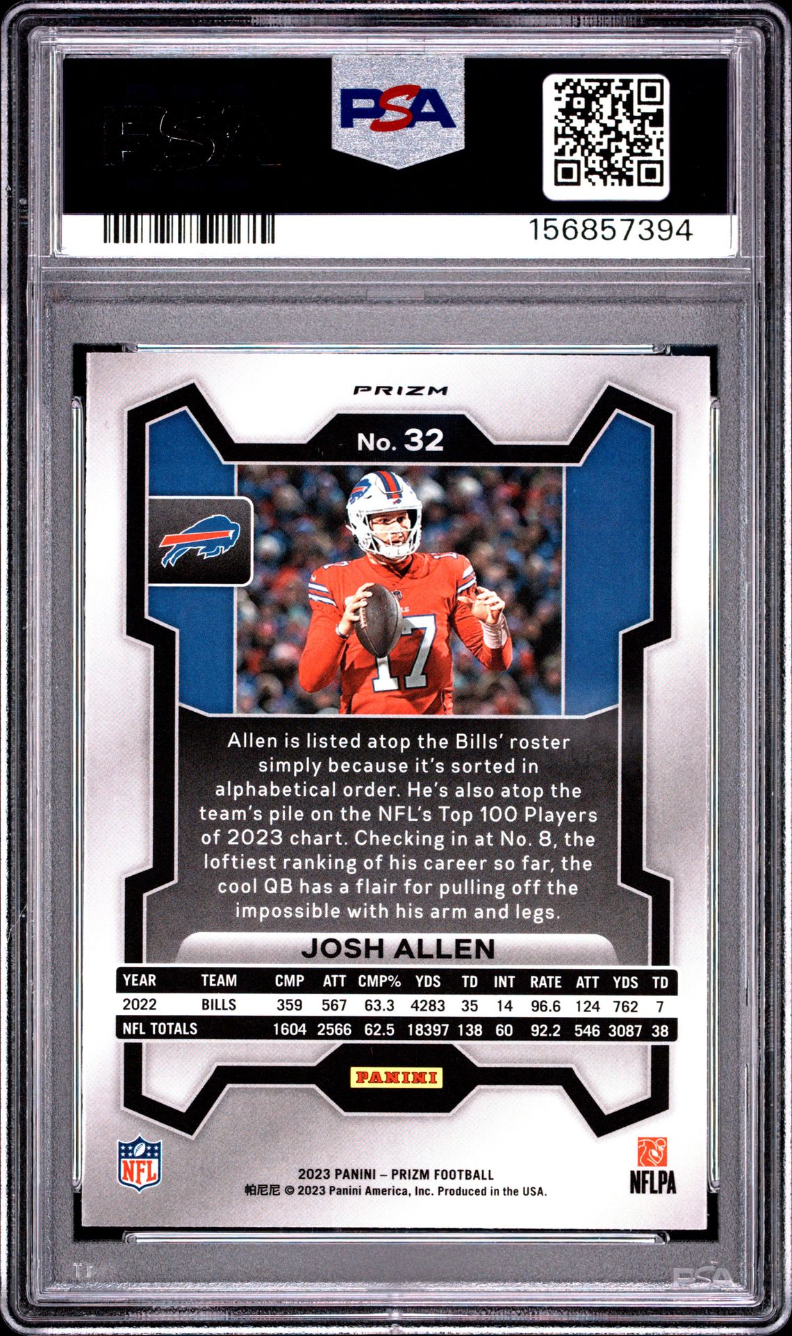 2023 PANINI PRIZM JOSH ALLEN RED/WHITE/BLUE PRIZM 32 GEM MT 10 back