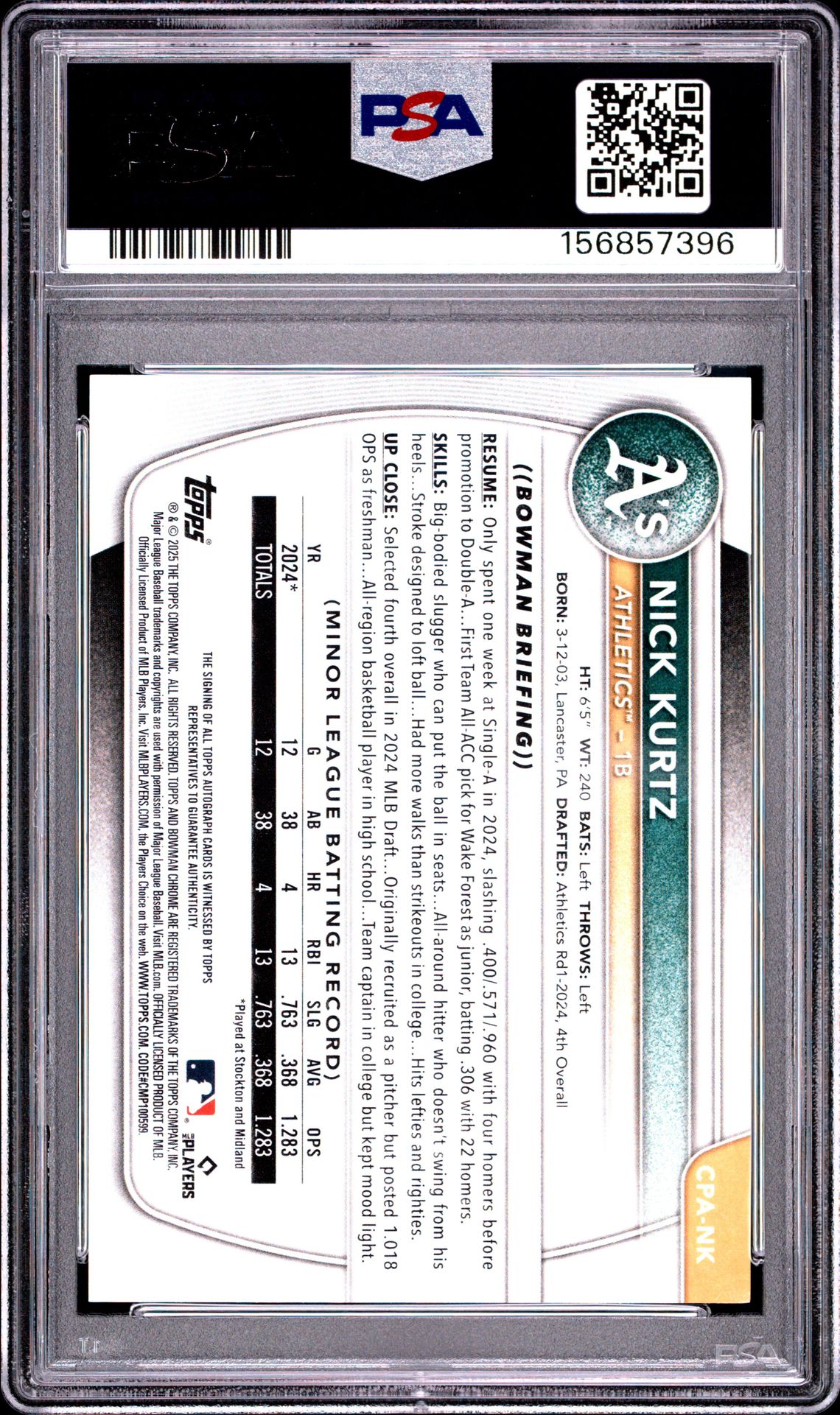 2025 Bowman Chrome Prospect Autographs Nick Kurtz #Cpank (Chr Pros Au-Hta Choice Ref) Ex 5 back