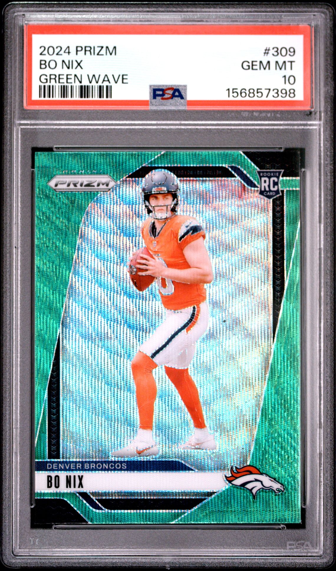 2024 Panini Prizm Bo Nix #309 (Green Wave) Gem Mt 10 front view - PSA graded GEM MT 10