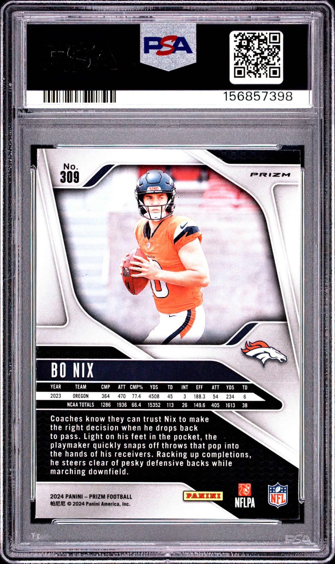 2024 Panini Prizm Bo Nix #309 (Green Wave) Gem Mt 10 back view - PSA certificate #156857398