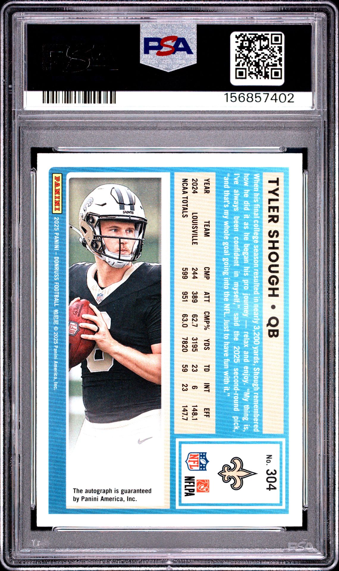 2025 Panini Donruss Tyler Shough #304 (Autograph-Orange) Mint 9 back