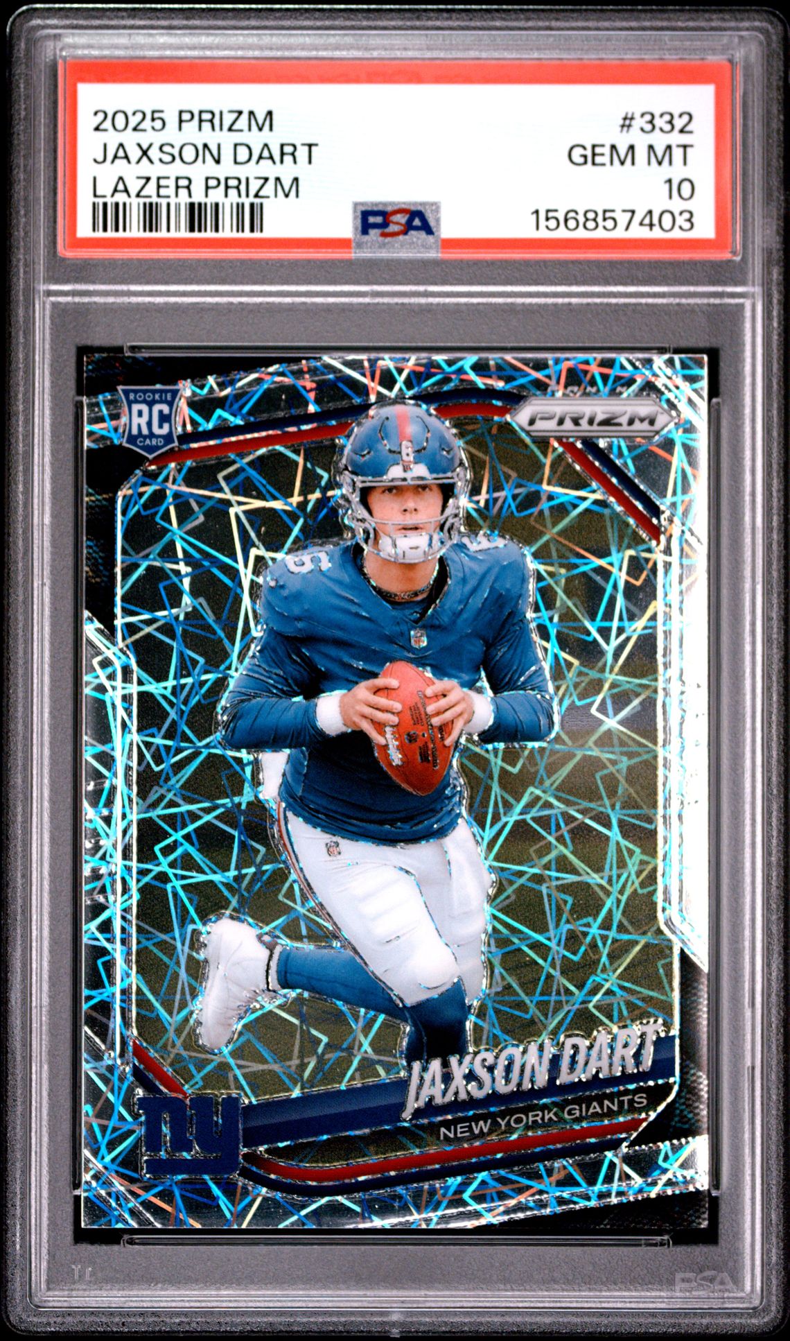 2025 Panini Prizm Jaxson Dart #332 (Lazer Prizm) Gem Mt 10 front view - PSA graded GEM MT 10